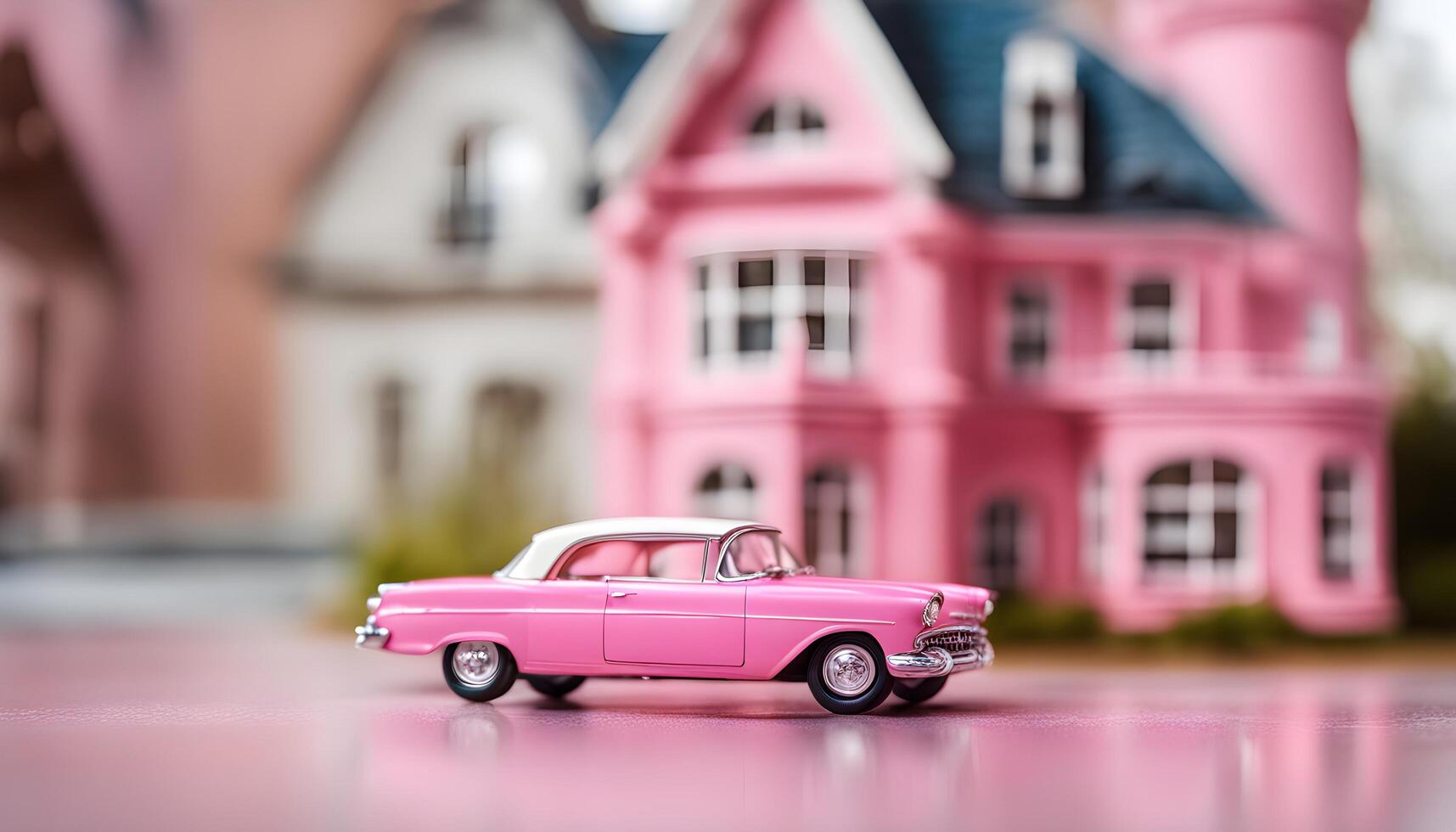 ai generado un rosado juguete coche es sentado en frente de un rosado casa foto