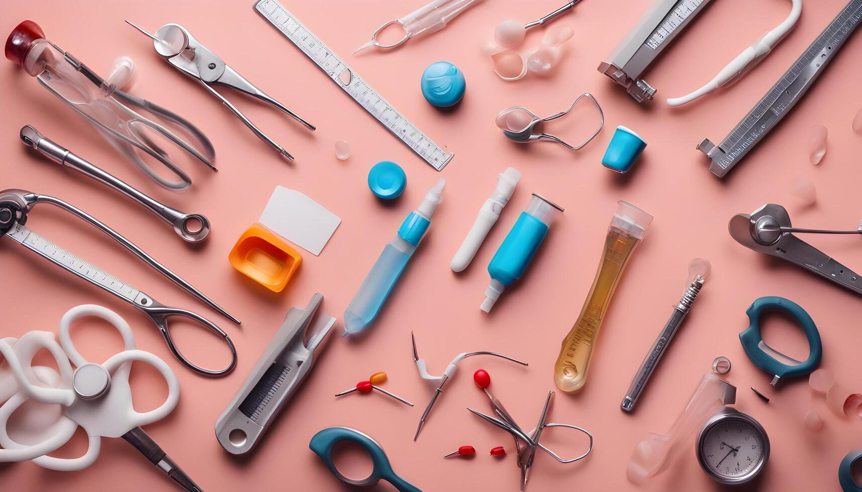 AI generated various medical instruments on a pink background photo