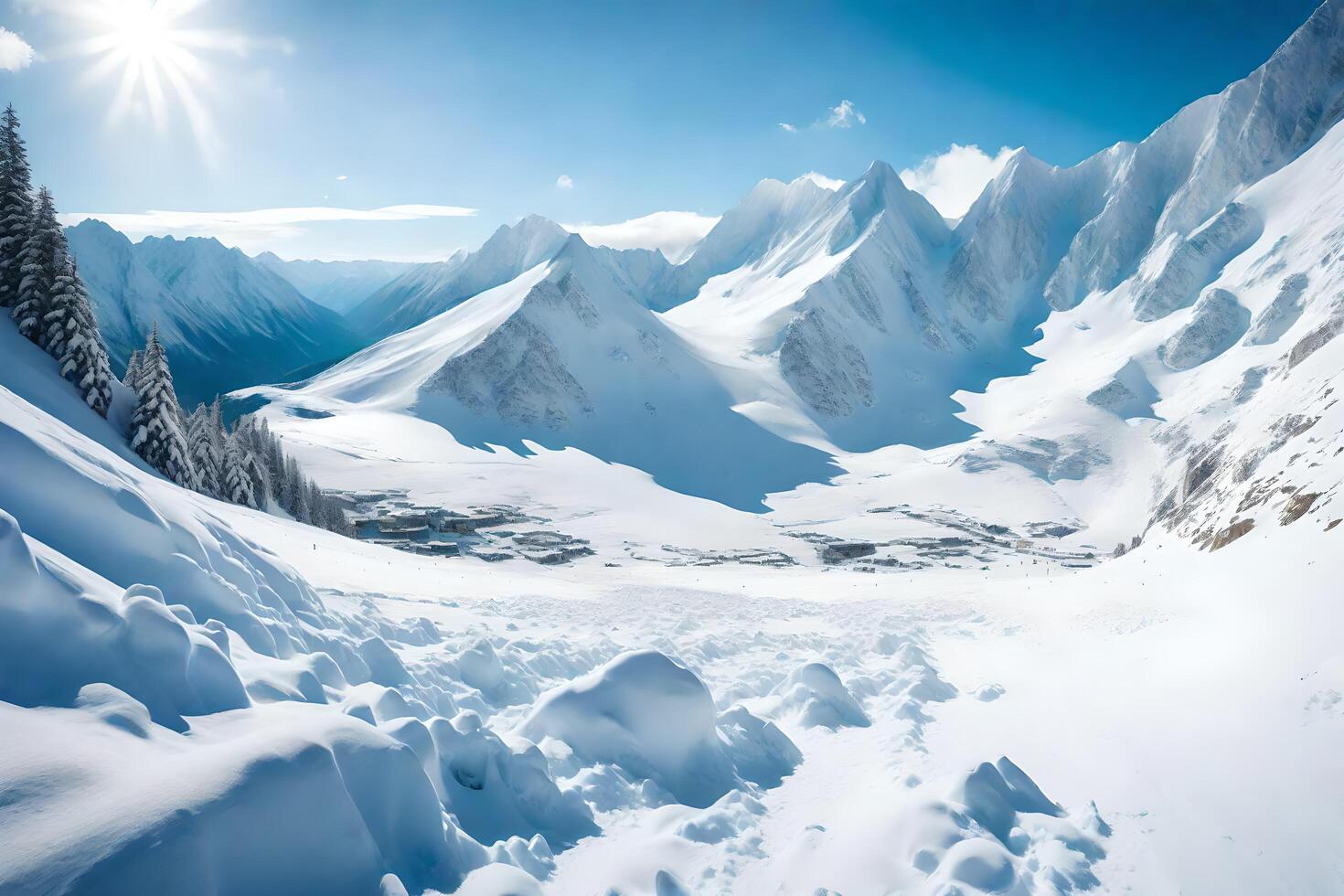 AI generated a snowy mountain landscape with snow covered trees photo