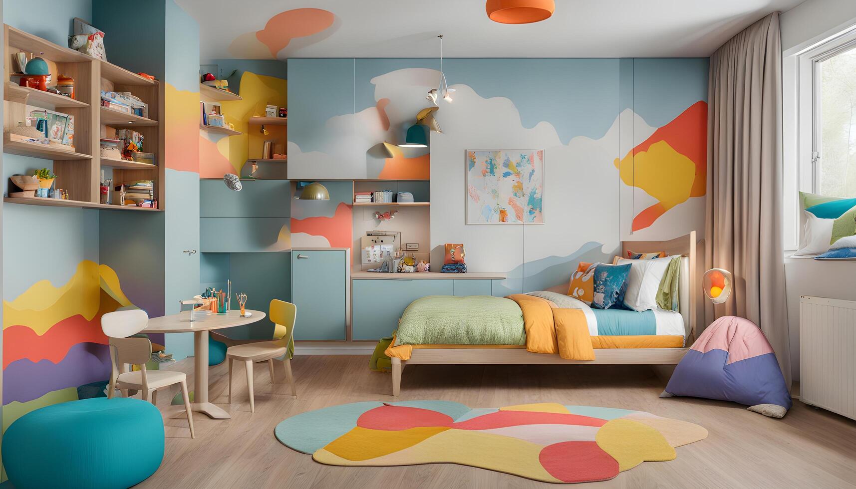 AI generated a colorful children's bedroom with a colorful wall photo