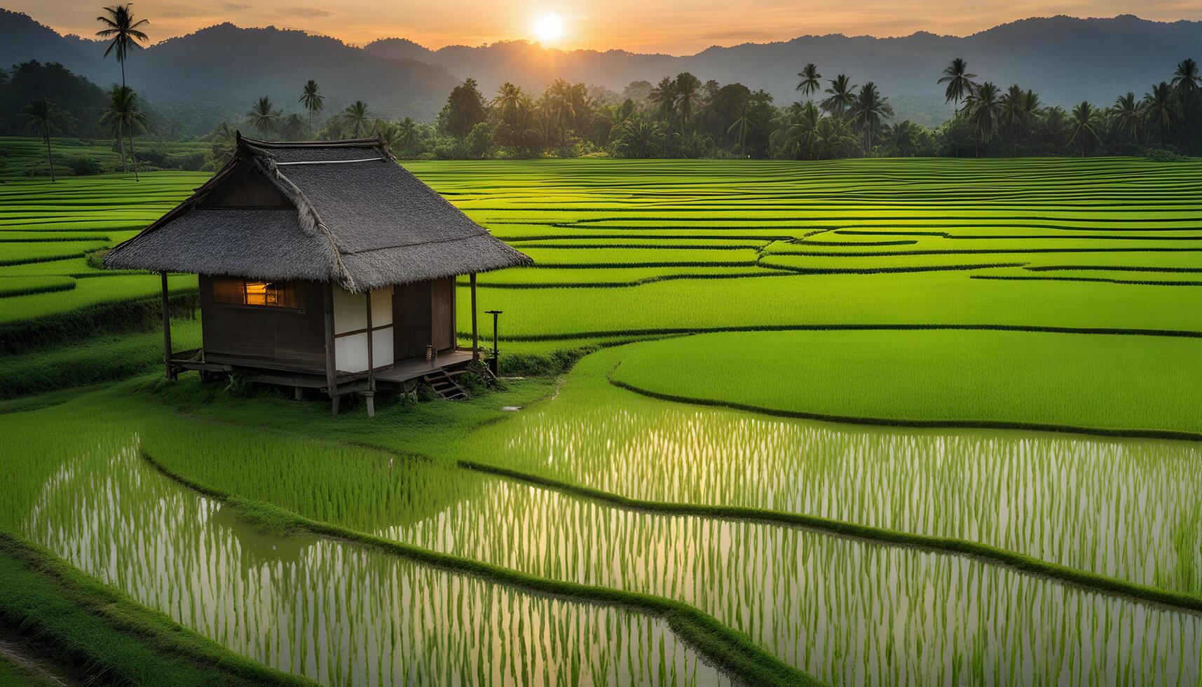 AI generated a hut in the middle of a rice field at sunset photo