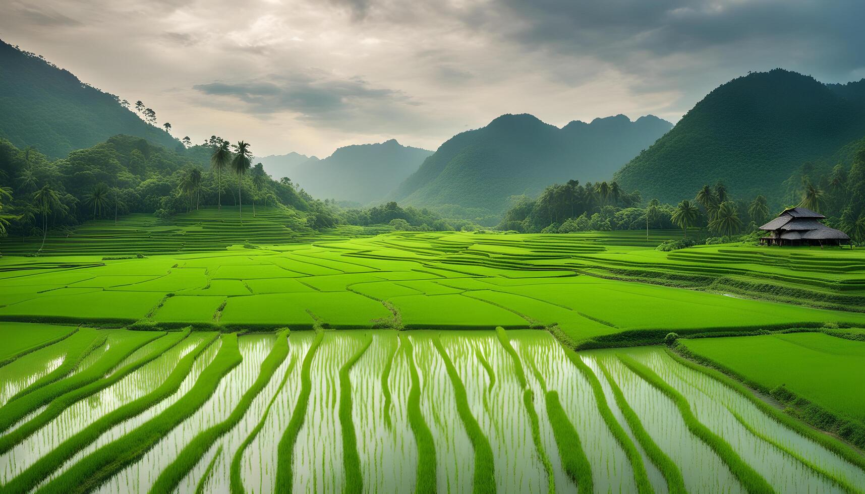 ai generado un hermosa arroz campo con montañas en el antecedentes foto