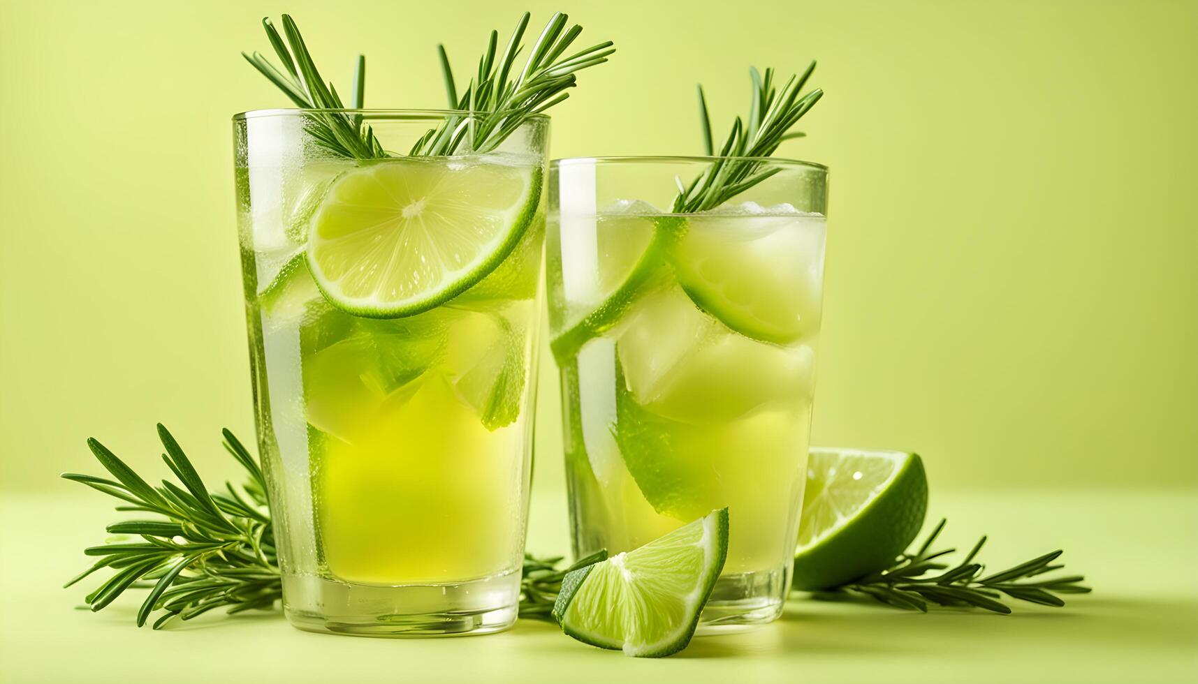 AI generated two glasses of lemonade with rosemary sprigs photo