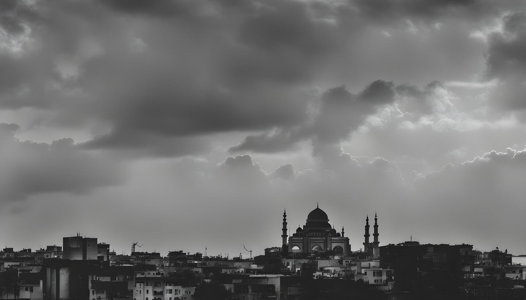 AI generated black and white photo of a mosque under cloudy skies