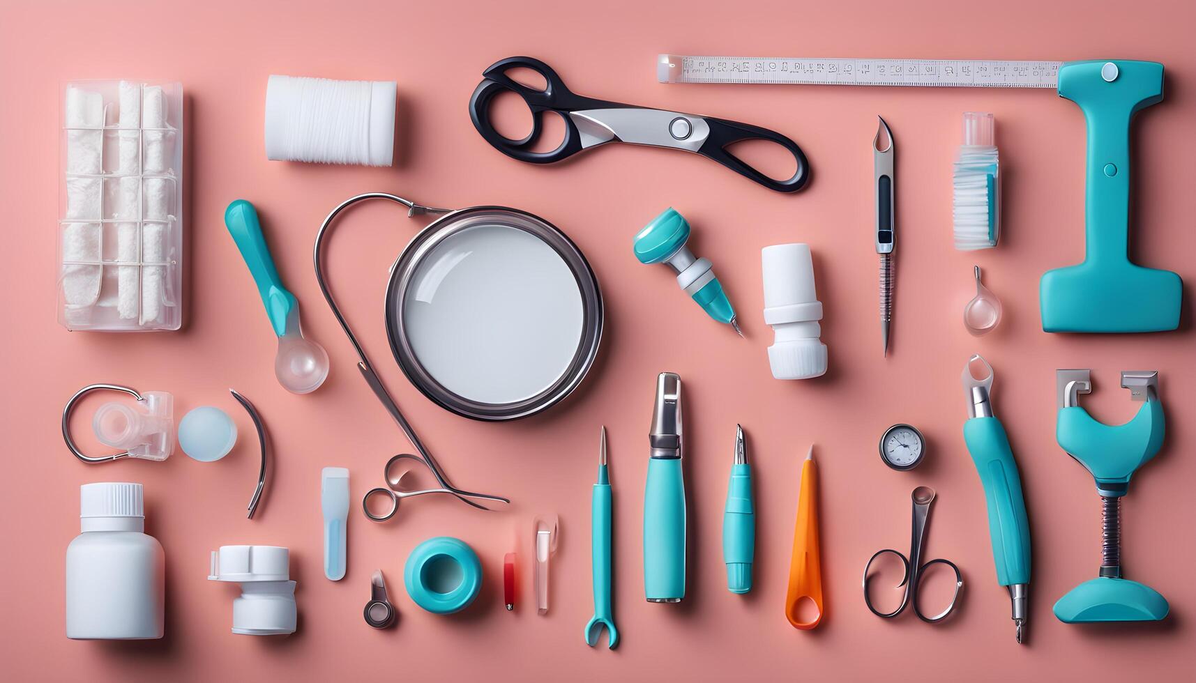 AI generated various medical supplies arranged on a pink background photo