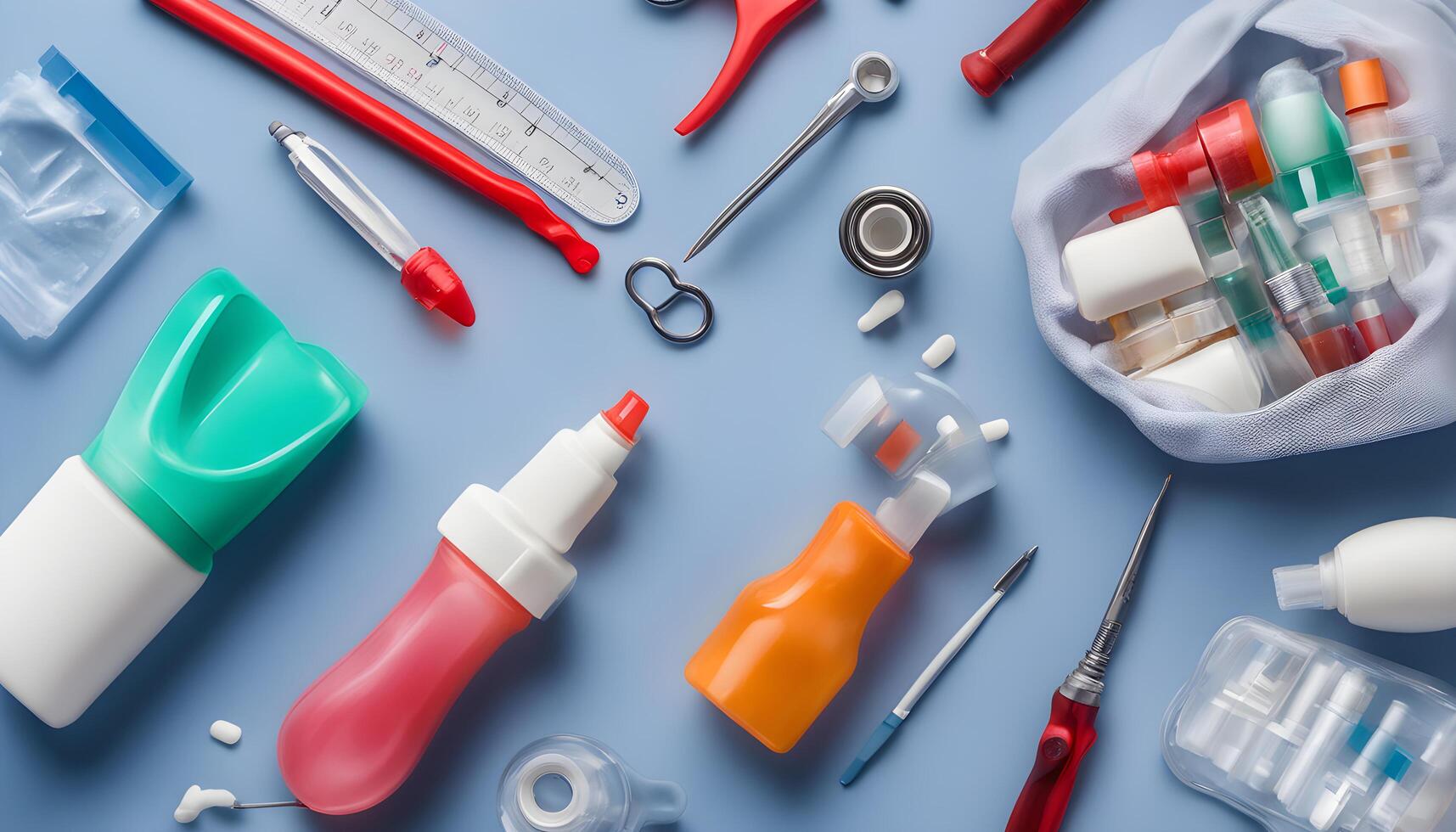 AI generated a variety of medical supplies and items are arranged on a blue surface photo