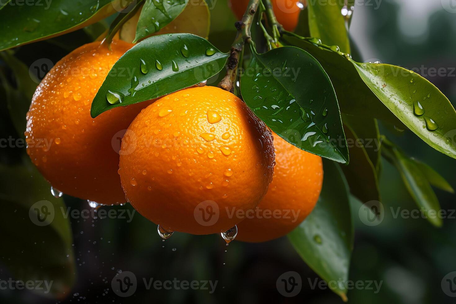 AI generated Fresh and wet orange on the tree.Close up view in sunlight photo