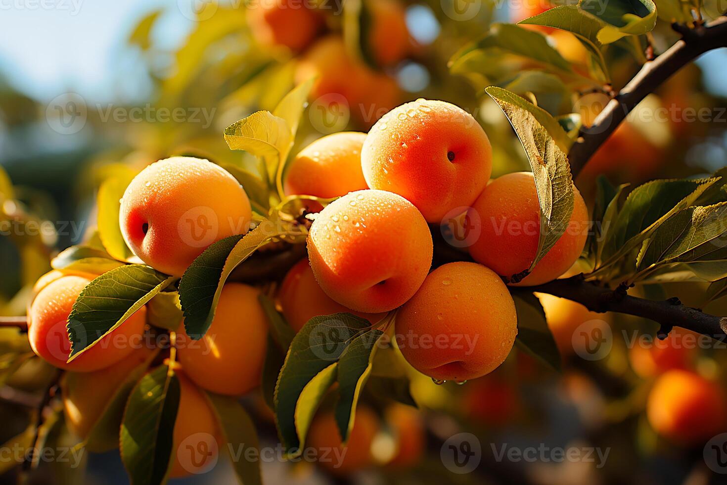 AI generated Fresh and wet apricots on the tree.Close up view in sunlight photo