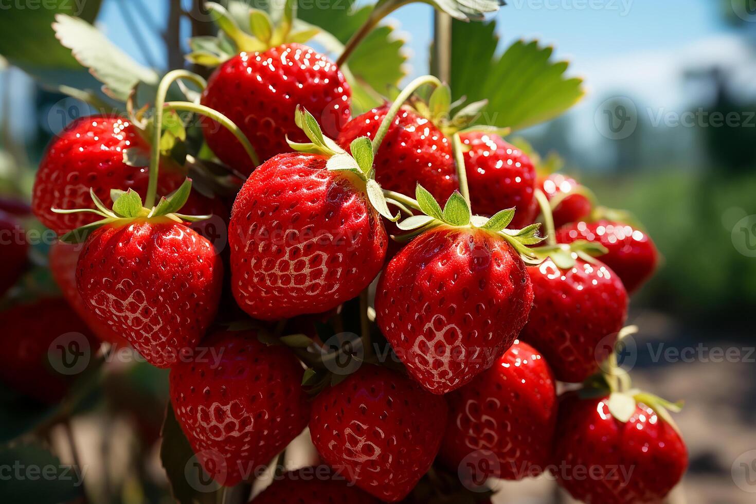 AI generated Fresh strawberries on the tree.Close up view in sunlight photo