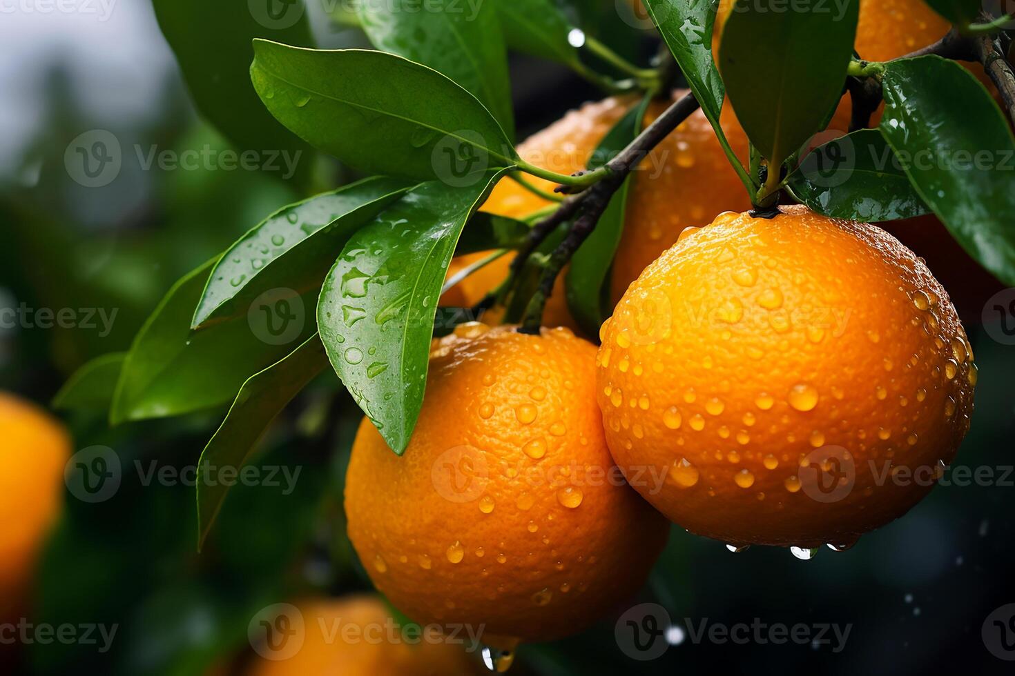 AI generated Fresh and wet orange on the tree.Close up view in sunlight photo