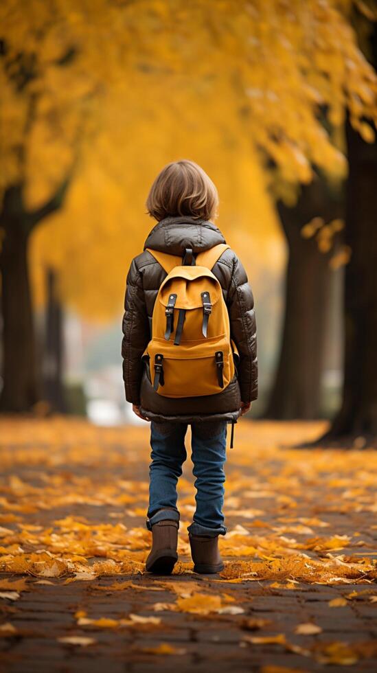 AI generated Autumn wanderlust Little boy with backpack strolls through park Vertical Mobile Wallpaper photo