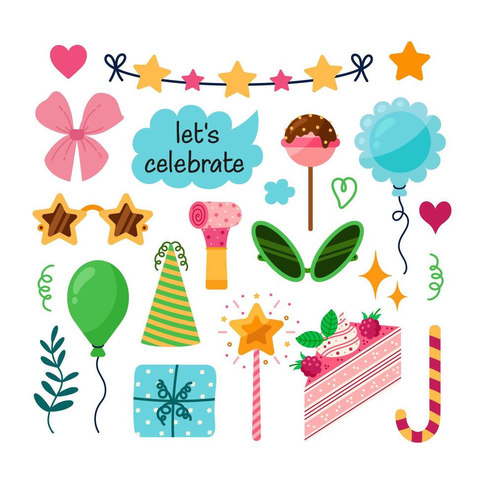 Party vector collection. Holiday elements - balloon, gifts, whistle, birthday cap, cake, funny glasses, sweets. Festive surprise for children, kids. Colorful clipart for celebrating a festival, event