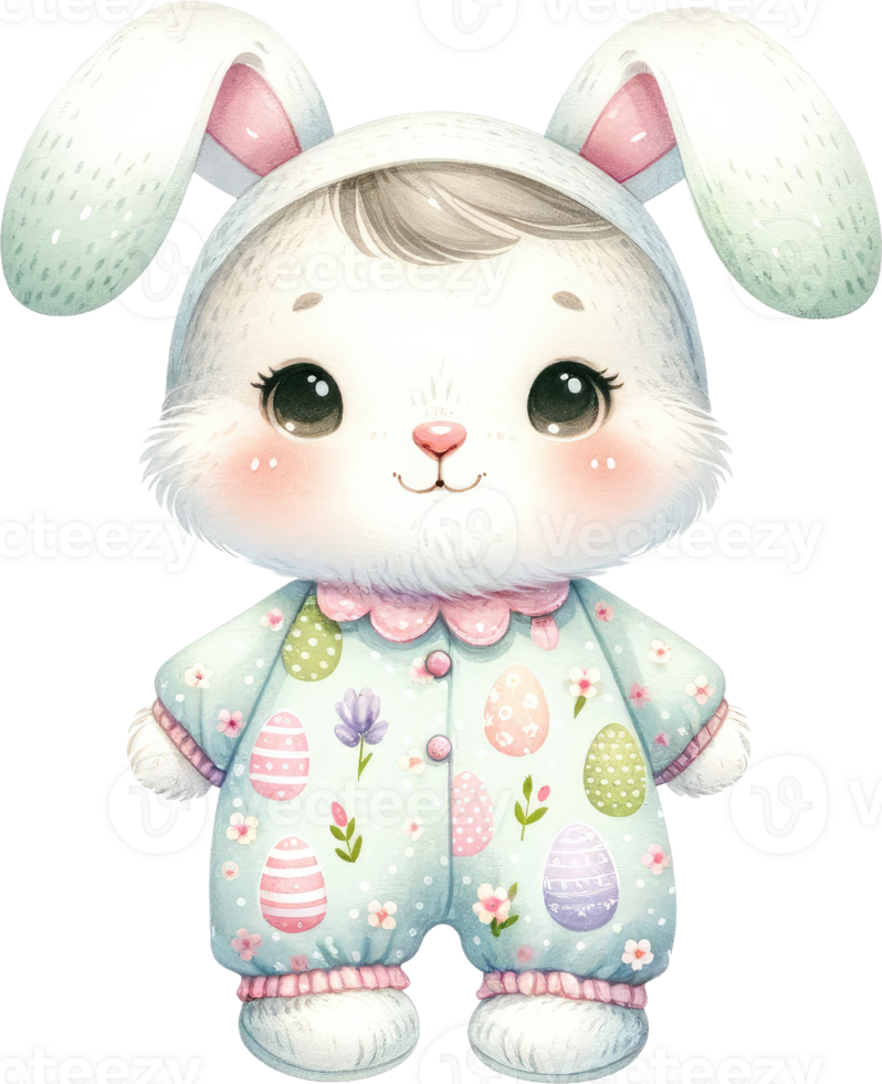AI generated Easter bunny in a cute egg-print onesie, complete with a cozy hood and a warm, inviting smile png