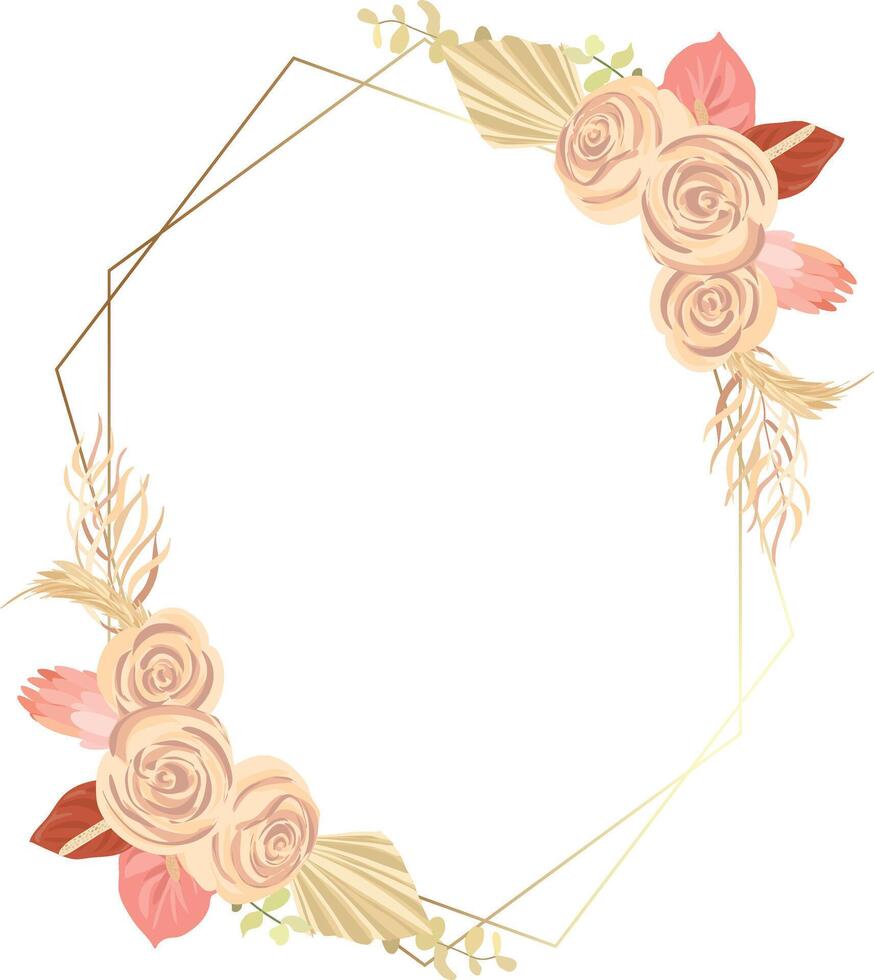 Floral decoration vector frame. mawar, pampas grass wedding wreath. Exotic dry flowers, palm leaves boho invitation card.