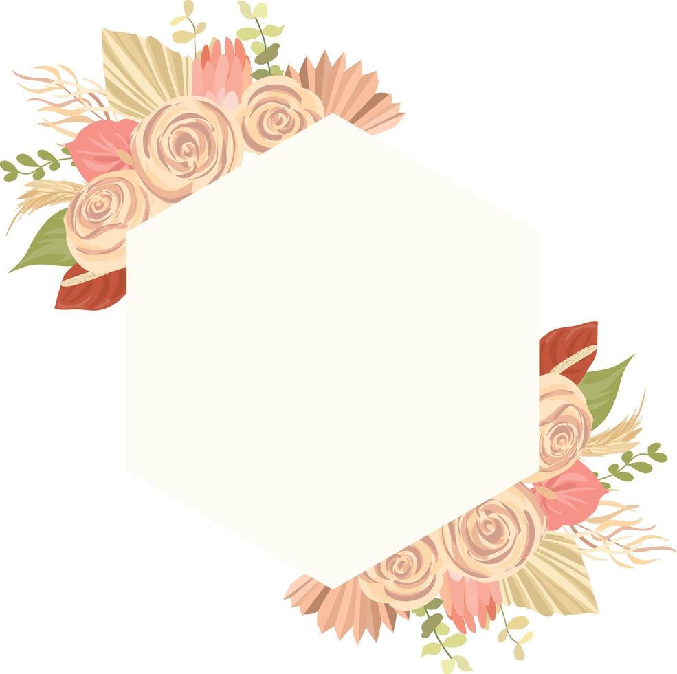 Floral decoration vector frame. mawar, pampas grass wedding wreath. Exotic dry flowers, palm leaves boho invitation card.