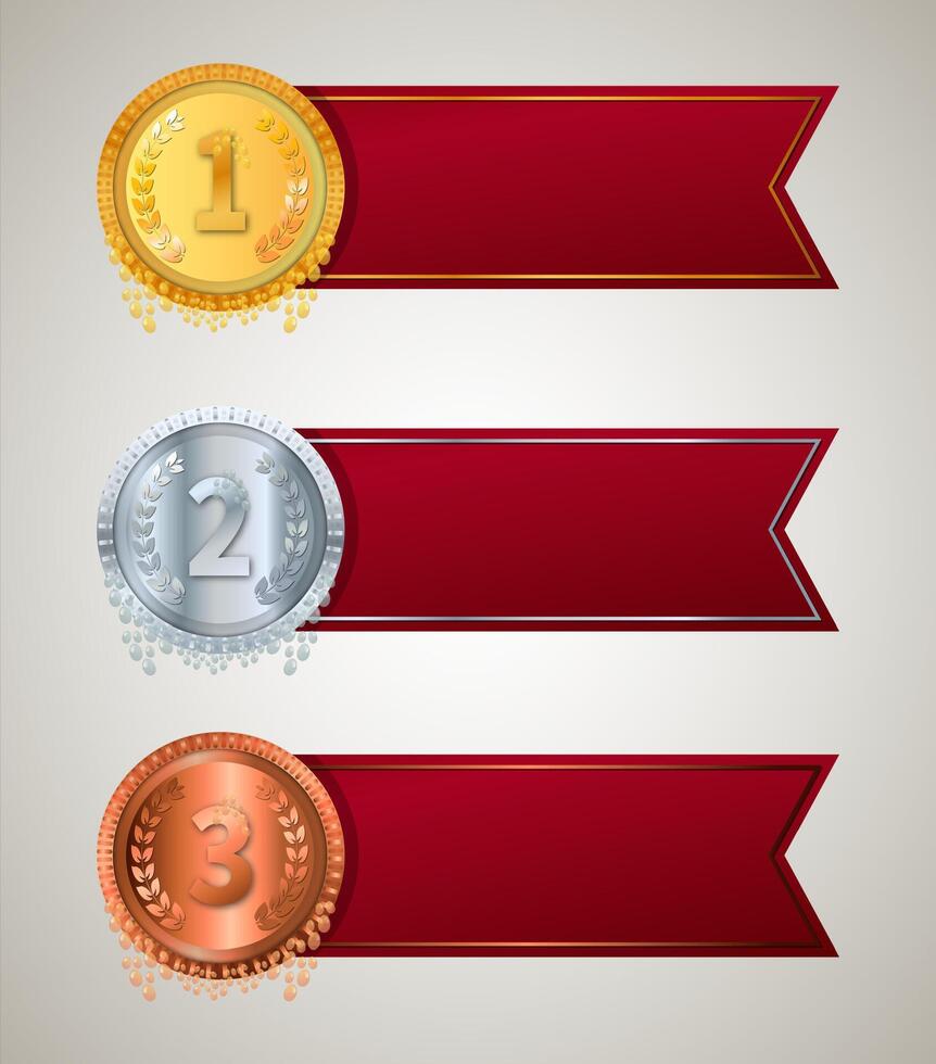 oro, plata y bronce ganador premio medallas, un conjunto de medallas para primero, segundo y tercero lugar. vector