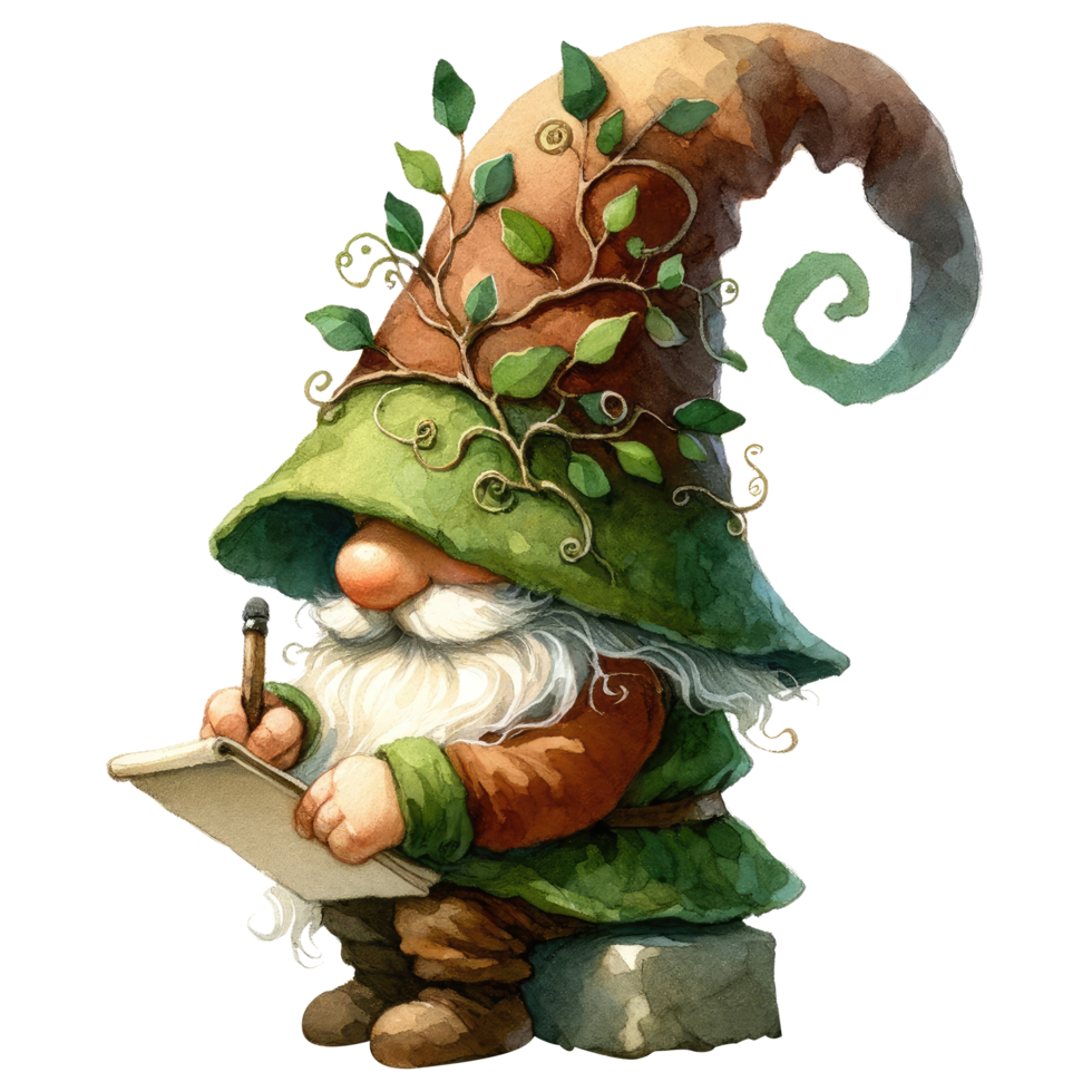 AI generated Garden gnome with a lush white beard, donning a leaf-adorned green hat. png