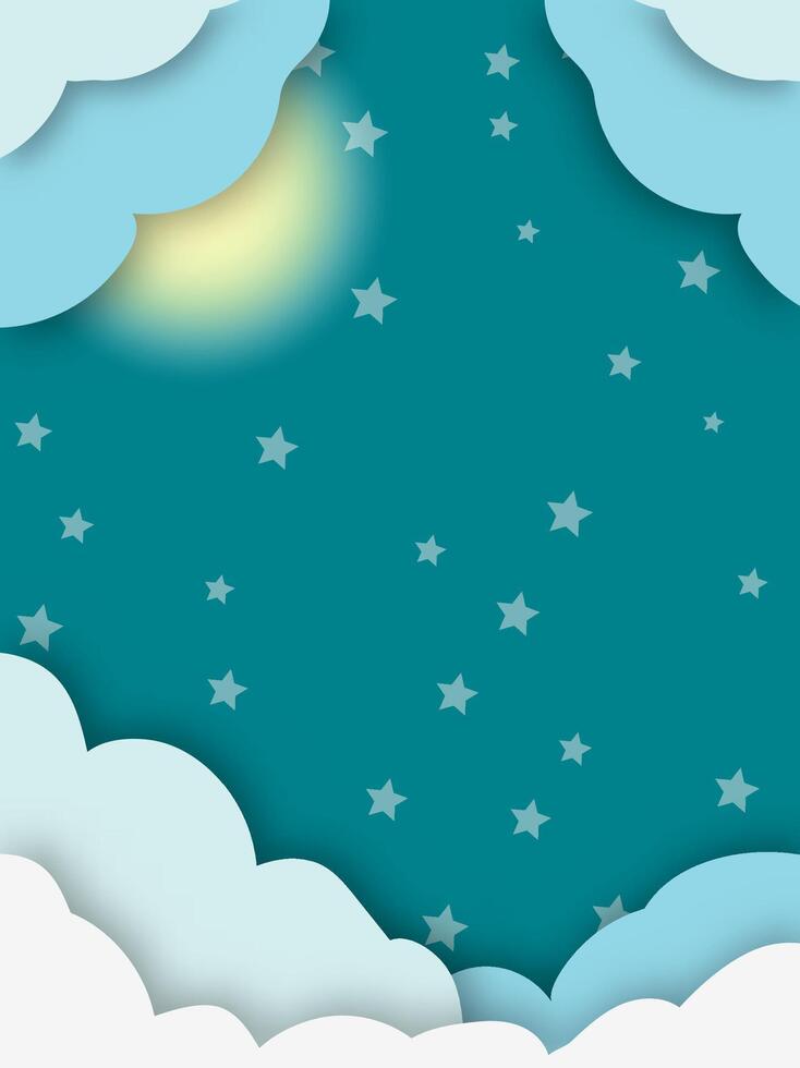 Gray sky with couds moon and stars, paper cut background. vector