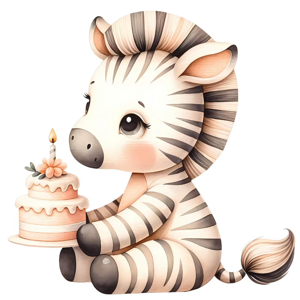 ai generato cartone animato animale acquerello con compleanno torta png