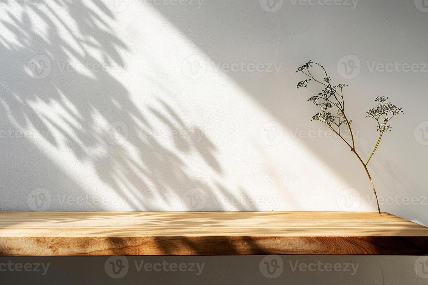 ai generado vacío mínimo natural de madera mesa mostrador podio con hermosa madera grano en luz de sol y sombra en blanco pared para lujo cosmético protección de la piel belleza tratamiento decoración antecedentes foto