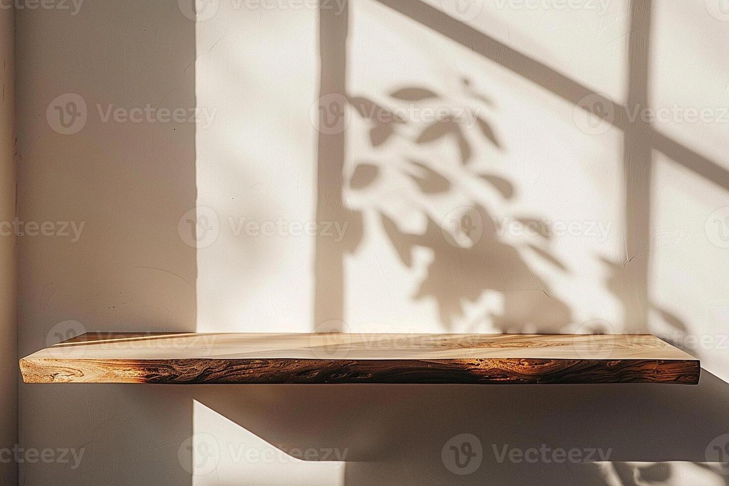 AI generated Empty Minimal Natural Wooden Table Counter Podium with Beautiful Wood Grain in Sunlight and Shadow on White Wall for Luxury Cosmetic Skincare Beauty Treatment Decoration Background photo