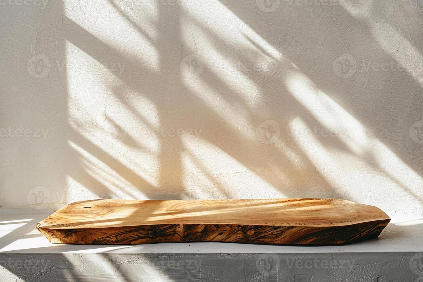 AI generated Empty Minimal Natural Wooden Table Counter Podium with Beautiful Wood Grain in Sunlight and Shadow on White Wall for Luxury Cosmetic Skincare Beauty Treatment Decoration Background photo