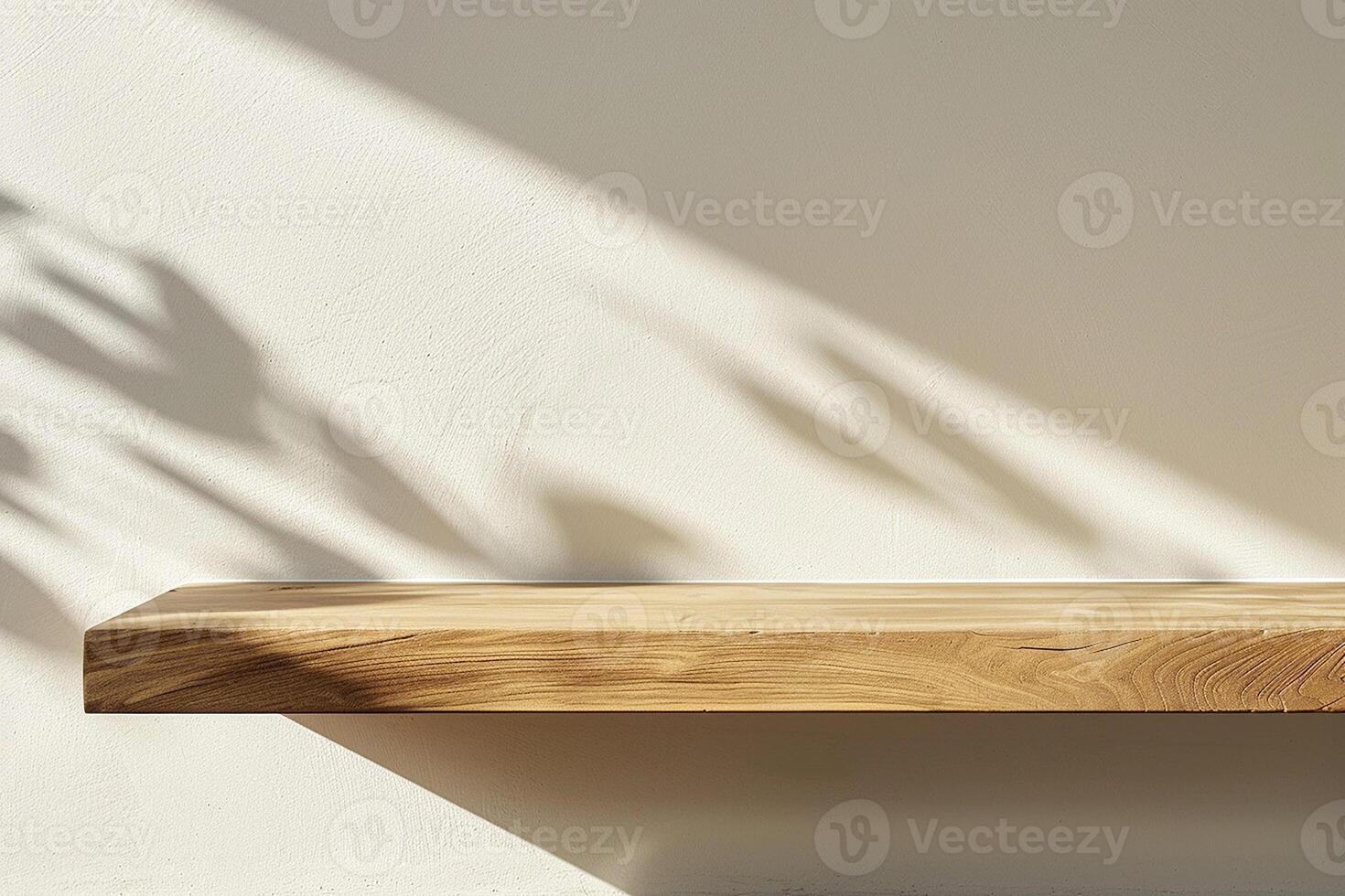 AI generated Empty Minimal Natural Wooden Table Counter Podium with Beautiful Wood Grain in Sunlight and Shadow on White Wall for Luxury Cosmetic Skincare Beauty Treatment Decoration Background photo
