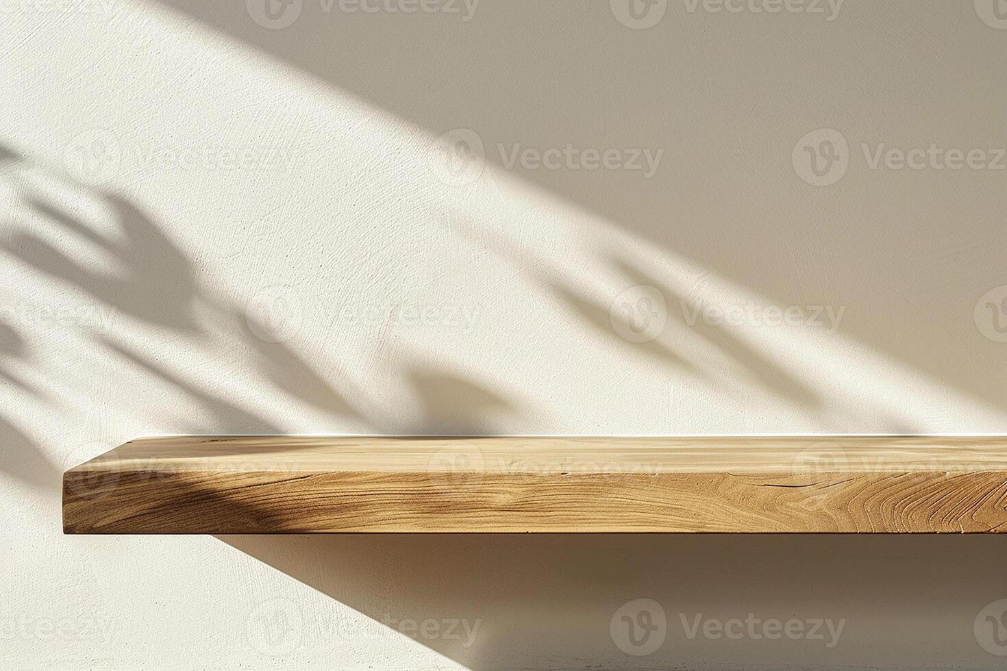 ai generado vacío mínimo natural de madera mesa mostrador podio con hermosa madera grano en luz de sol y sombra en blanco pared para lujo cosmético protección de la piel belleza tratamiento decoración antecedentes foto