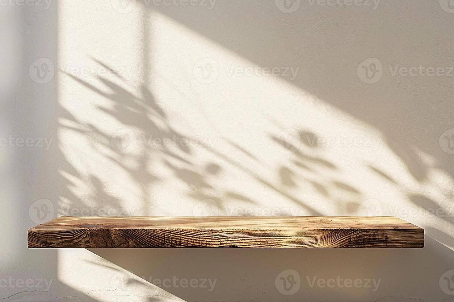 AI generated Empty Minimal Natural Wooden Table Counter Podium with Beautiful Wood Grain in Sunlight and Shadow on White Wall for Luxury Cosmetic Skincare Beauty Treatment Decoration Background photo