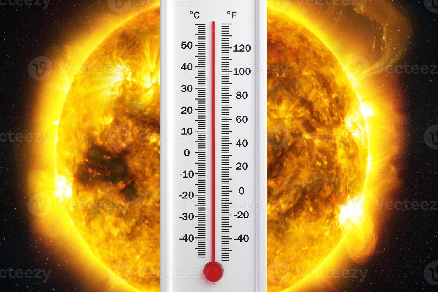 el termómetro muestra un anormal caliente temperatura en contra el antecedentes de el ardiente planeta tierra, concepto. global calentamiento, creativo idea. clima cambio y peligro foto