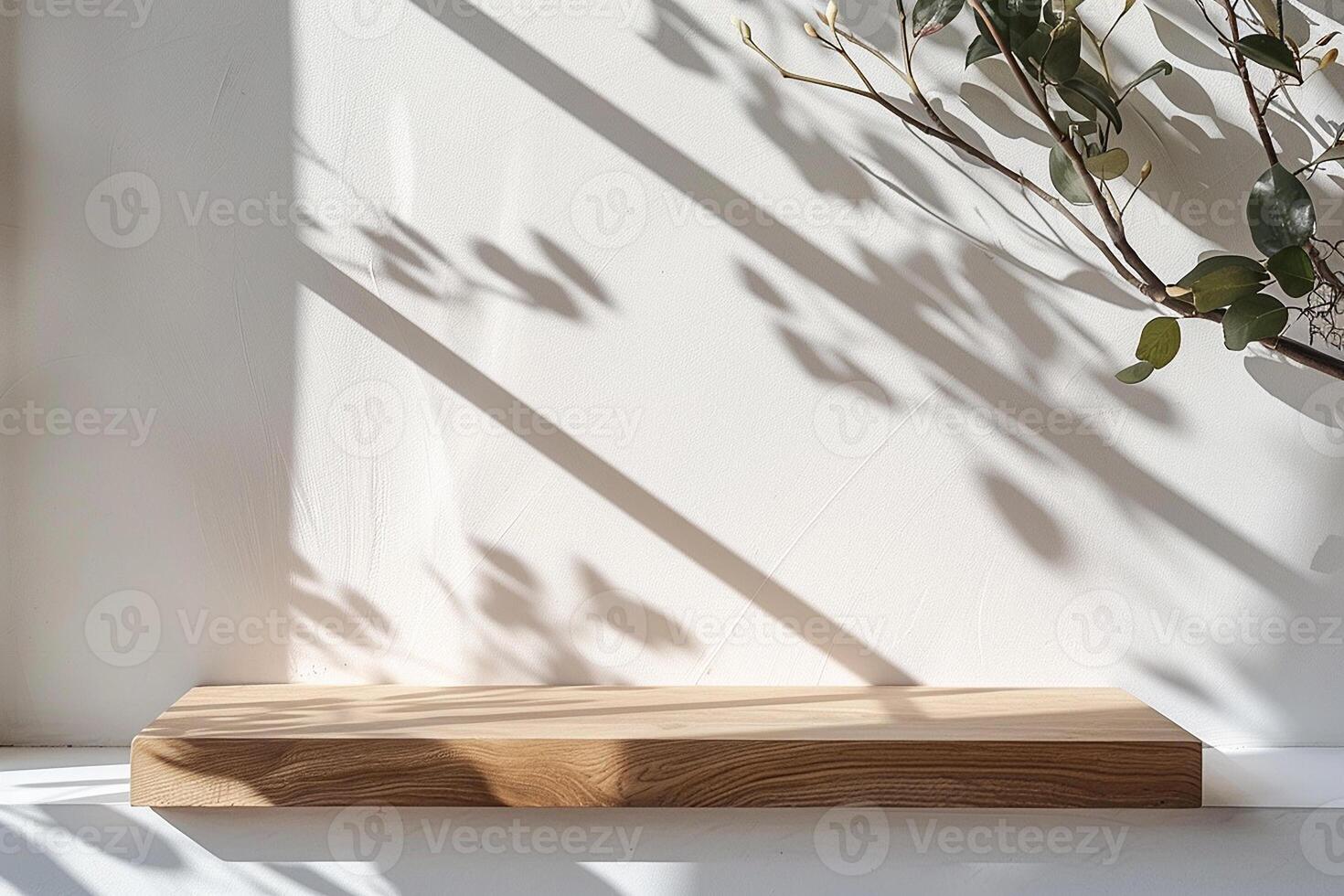 ai generado vacío mínimo natural de madera mesa mostrador podio con hermosa madera grano en luz de sol y sombra en blanco pared para lujo cosmético protección de la piel belleza tratamiento decoración antecedentes foto