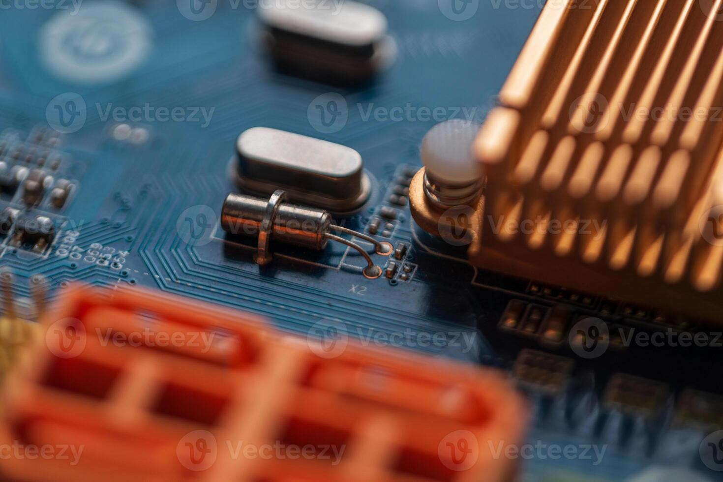 Motherboard with chip, transistor and processor, macro. Hardware and AI photo
