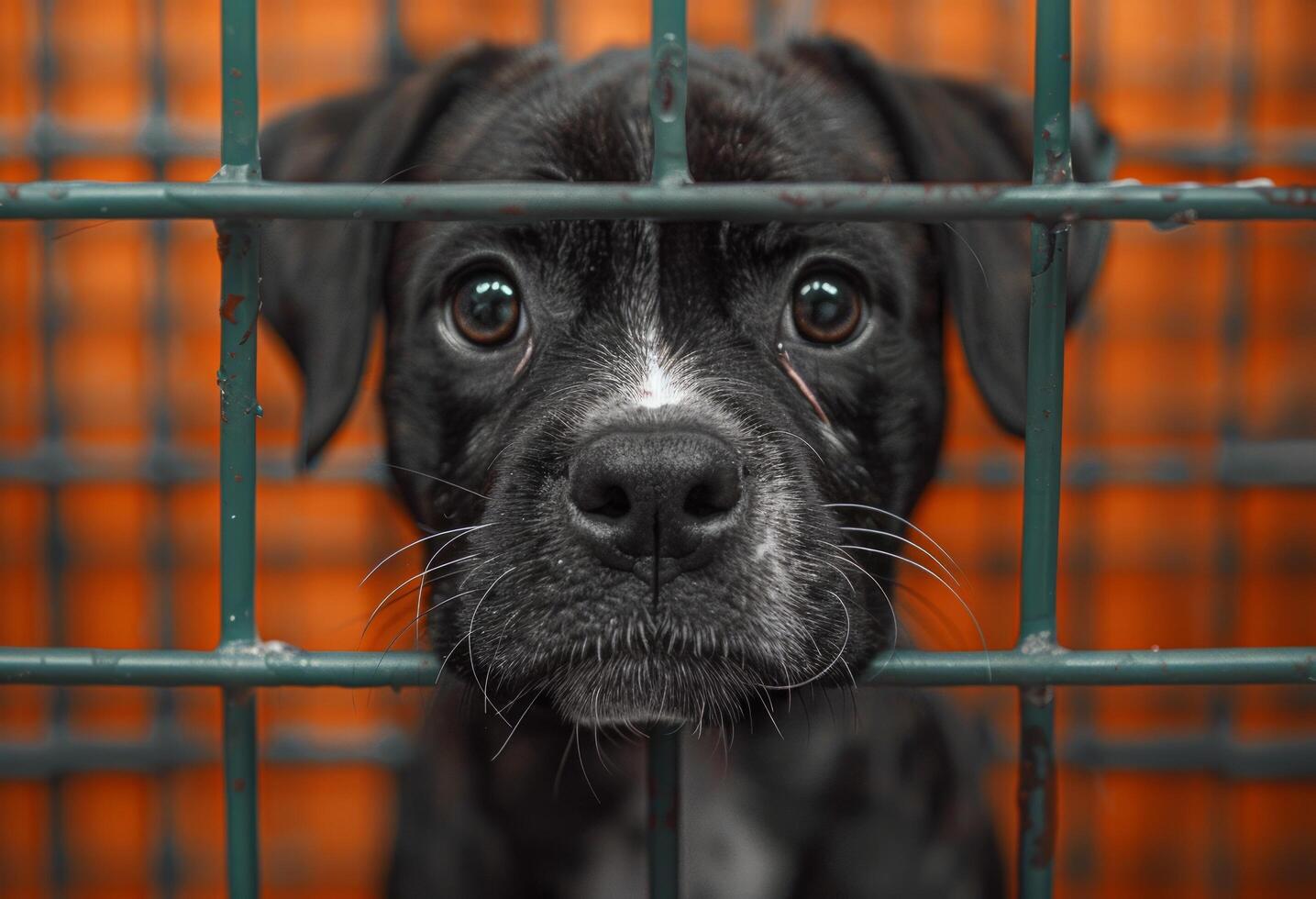 AI generated a black and white puppy in a cage looking out of the window photo