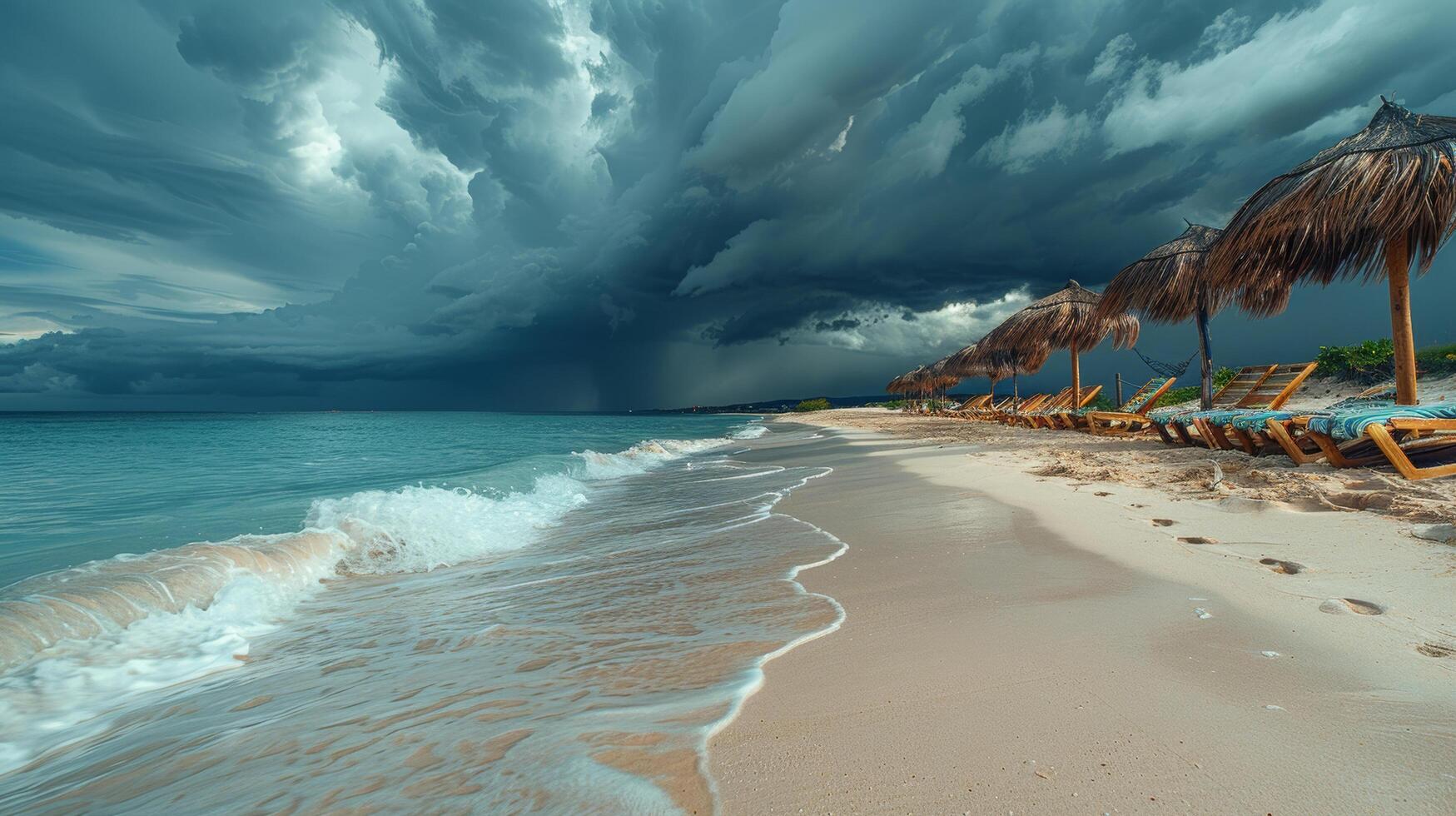 AI generated Chairs and Umbrellas on a Sandy Beach Under Cloudy Sky photo