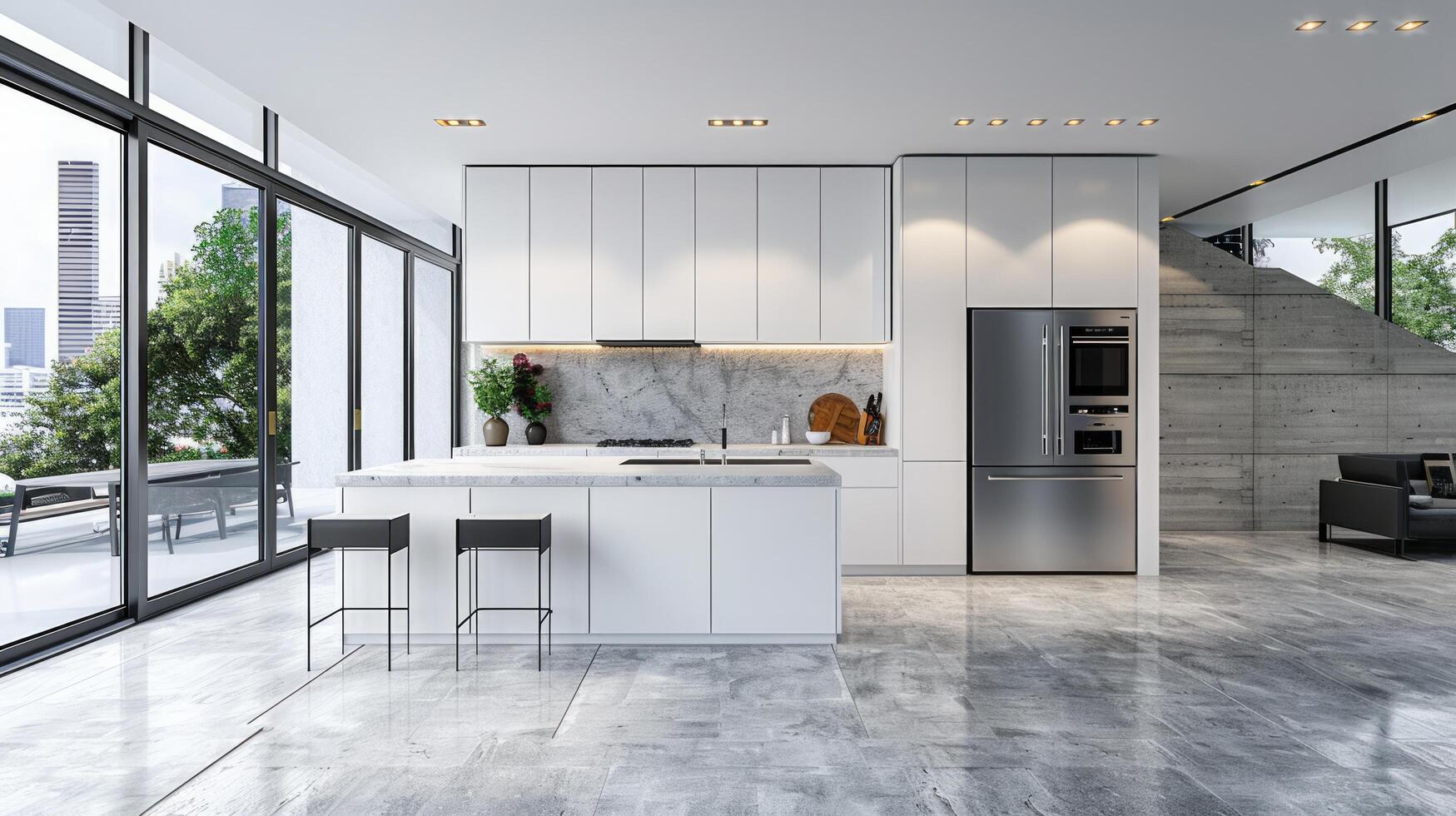 AI generated A sleek and modern kitchen with clean lines, white cabinets, and stainless steel appliances photo
