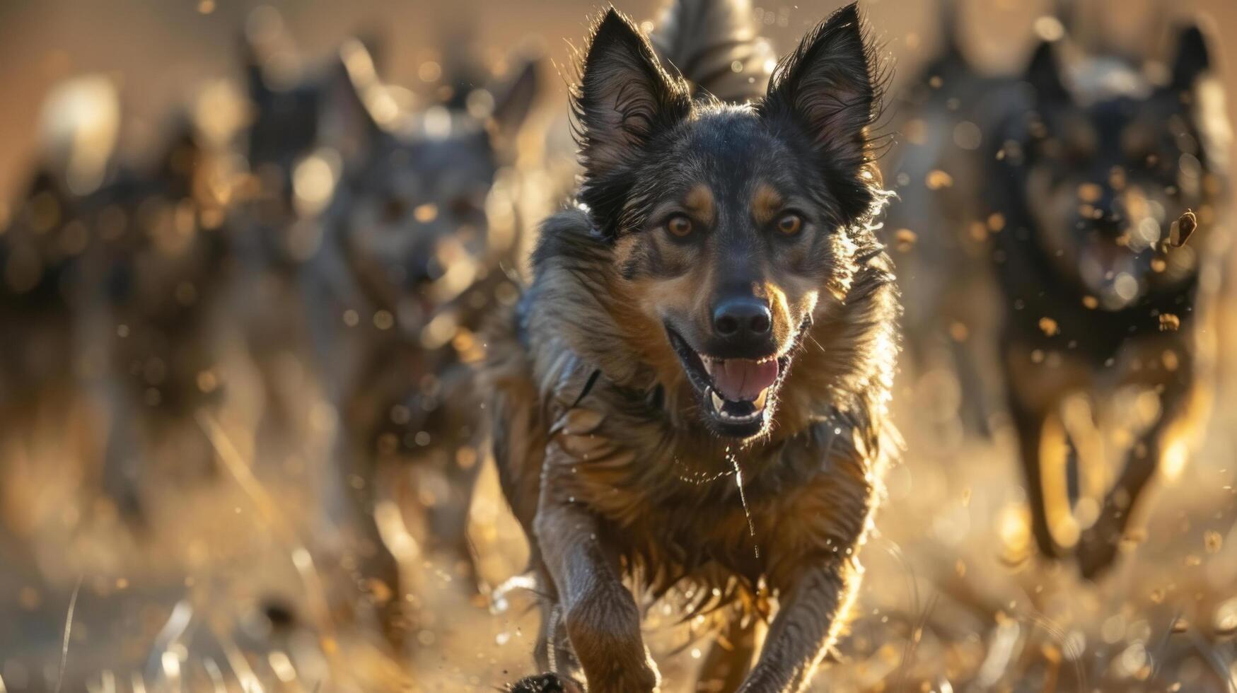 ai generado grupo de perros corriendo mediante campo foto