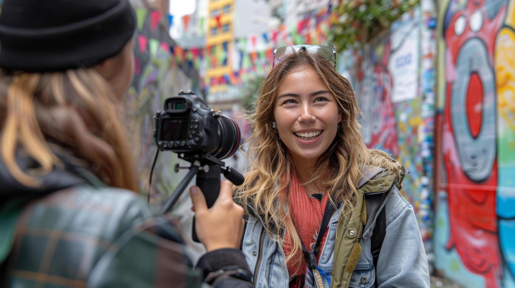 AI generated Woman Standing in Front of Wall With Camera photo