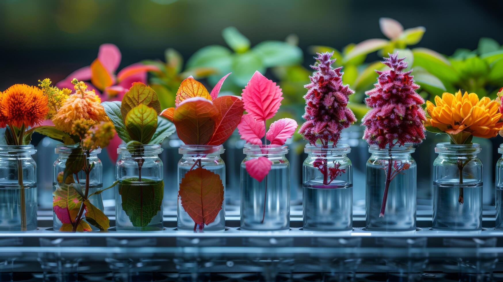 AI generated Row of Glass Vases Filled With Colorful Flowers photo