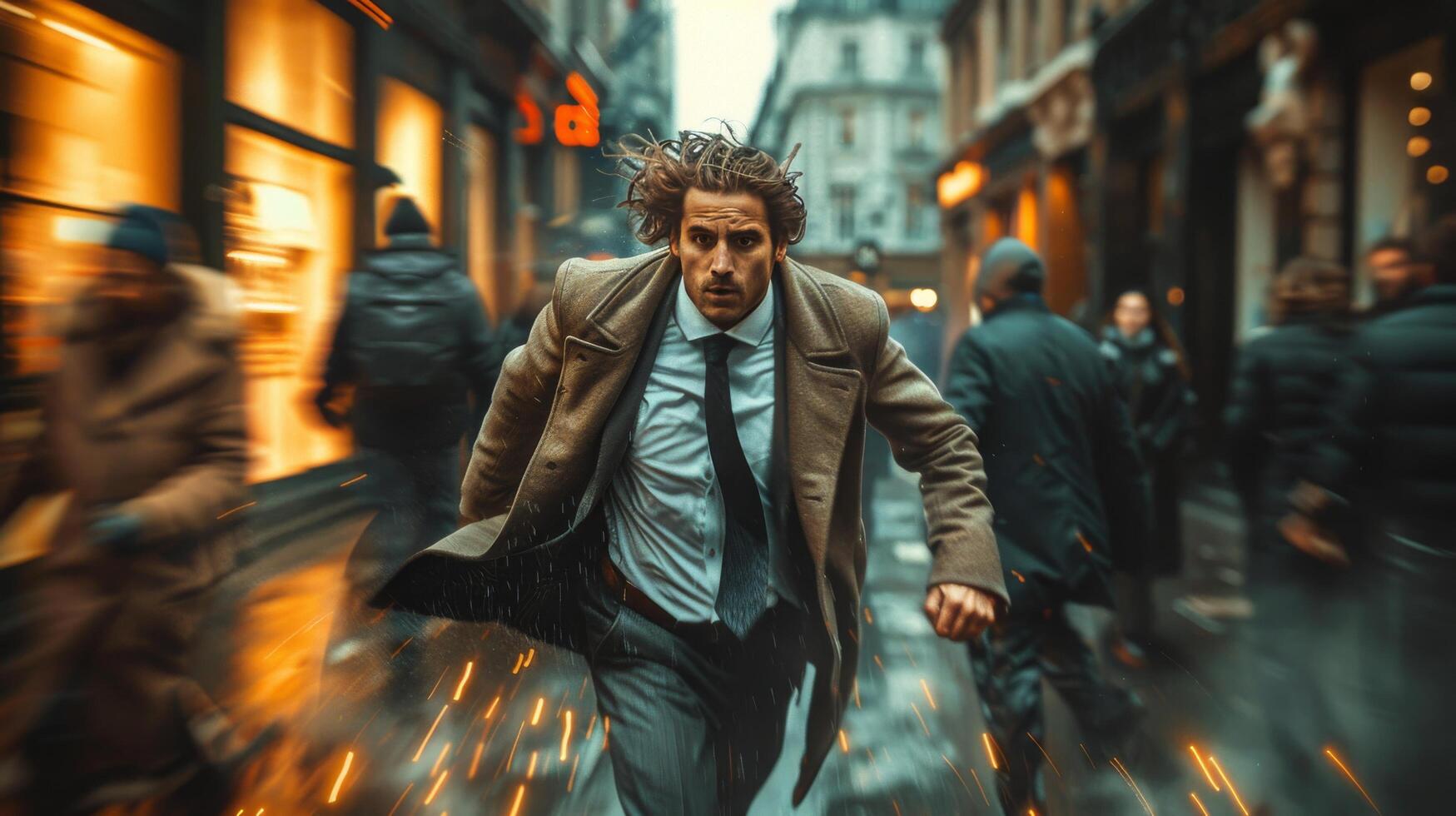 AI generated Man Running Down Street in Rain photo