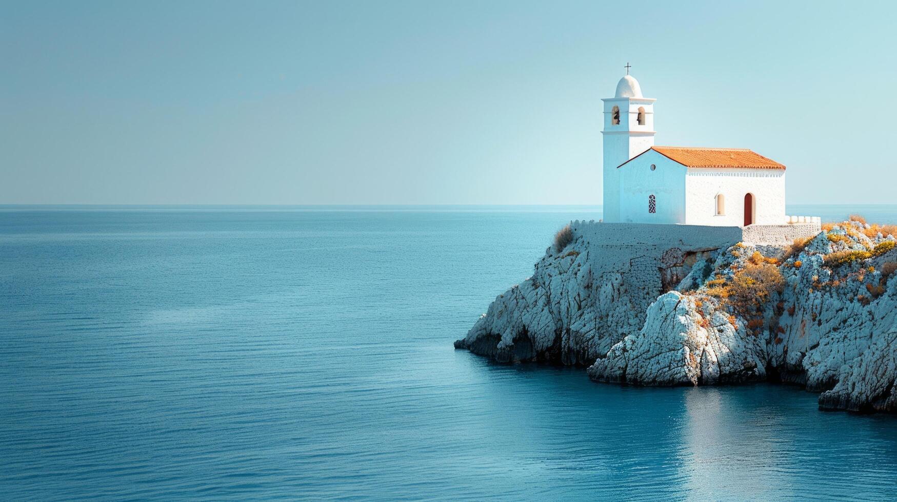 AI generated Small White Church on Hill by Ocean photo