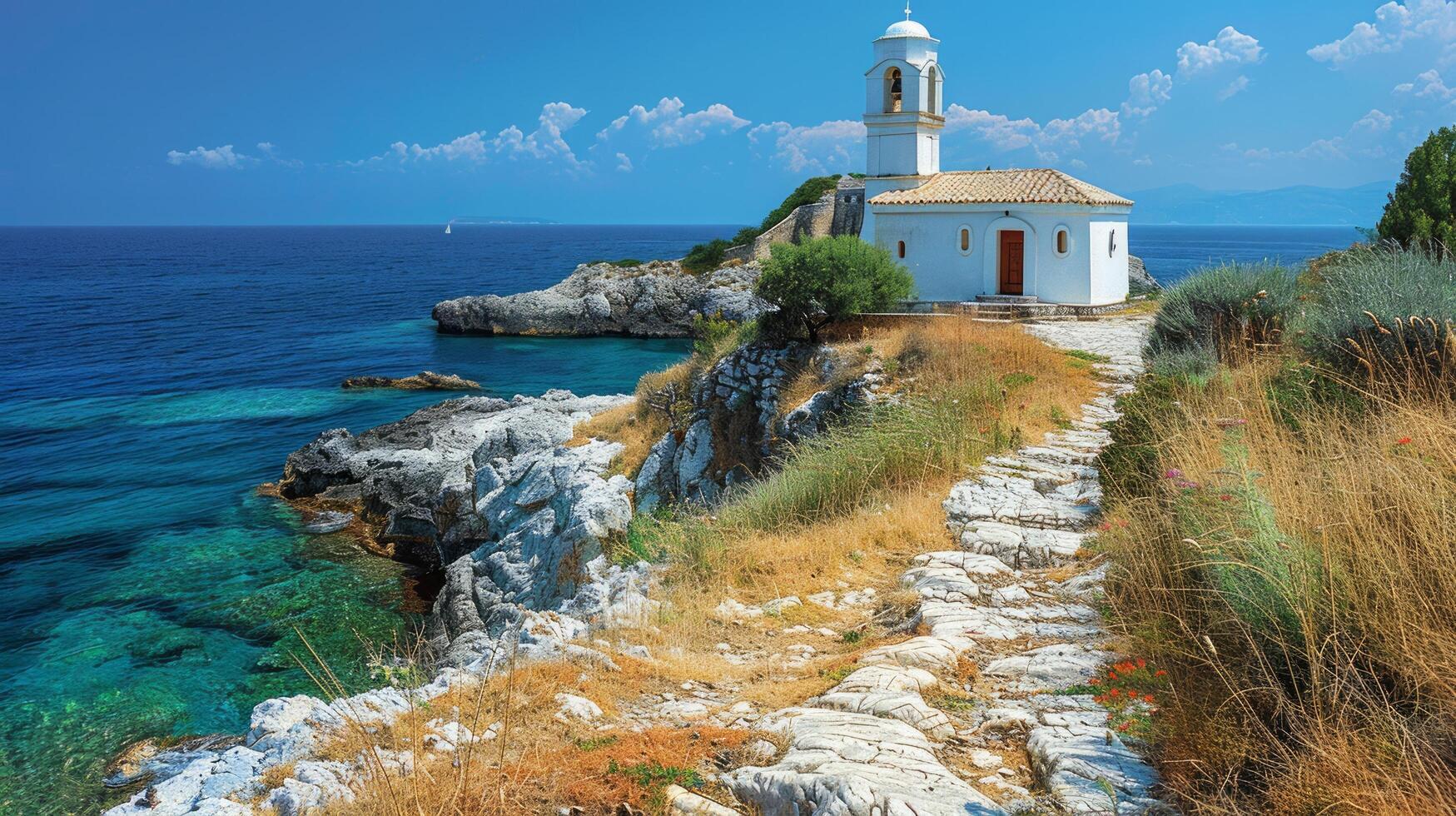 AI generated Small White Church on Hill by Ocean photo