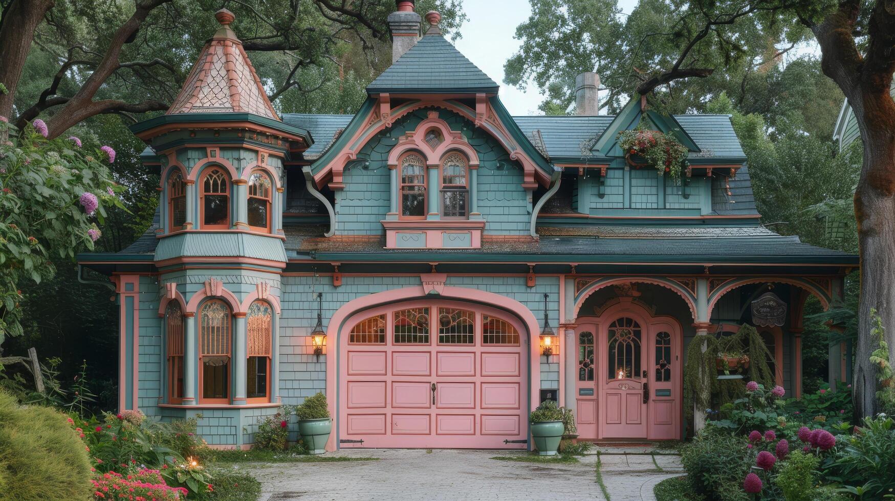 AI generated Pink and Blue House With Pink Door photo