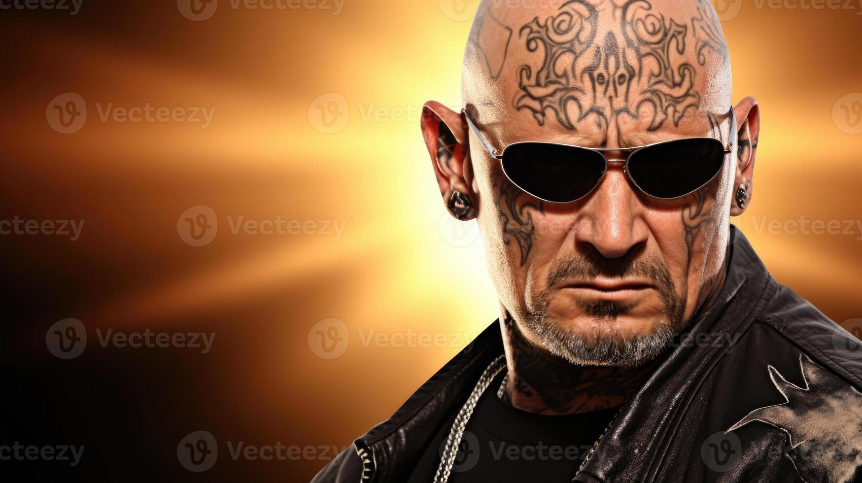 AI generated Maori man with traditional moko facial tattoos against the rising sun photo
