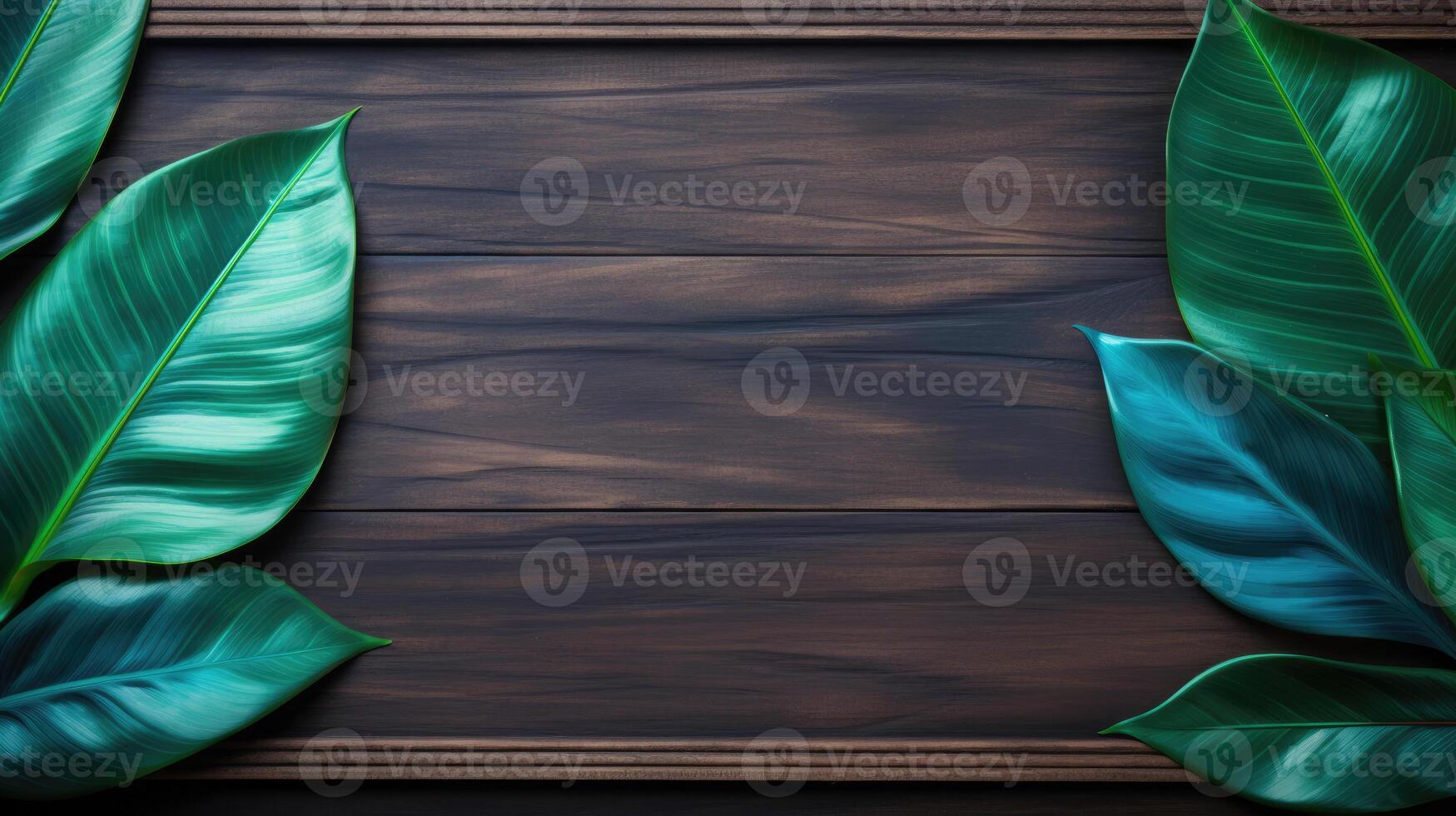 AI generated Exotic leaves on a wooden background. Top view frame photo