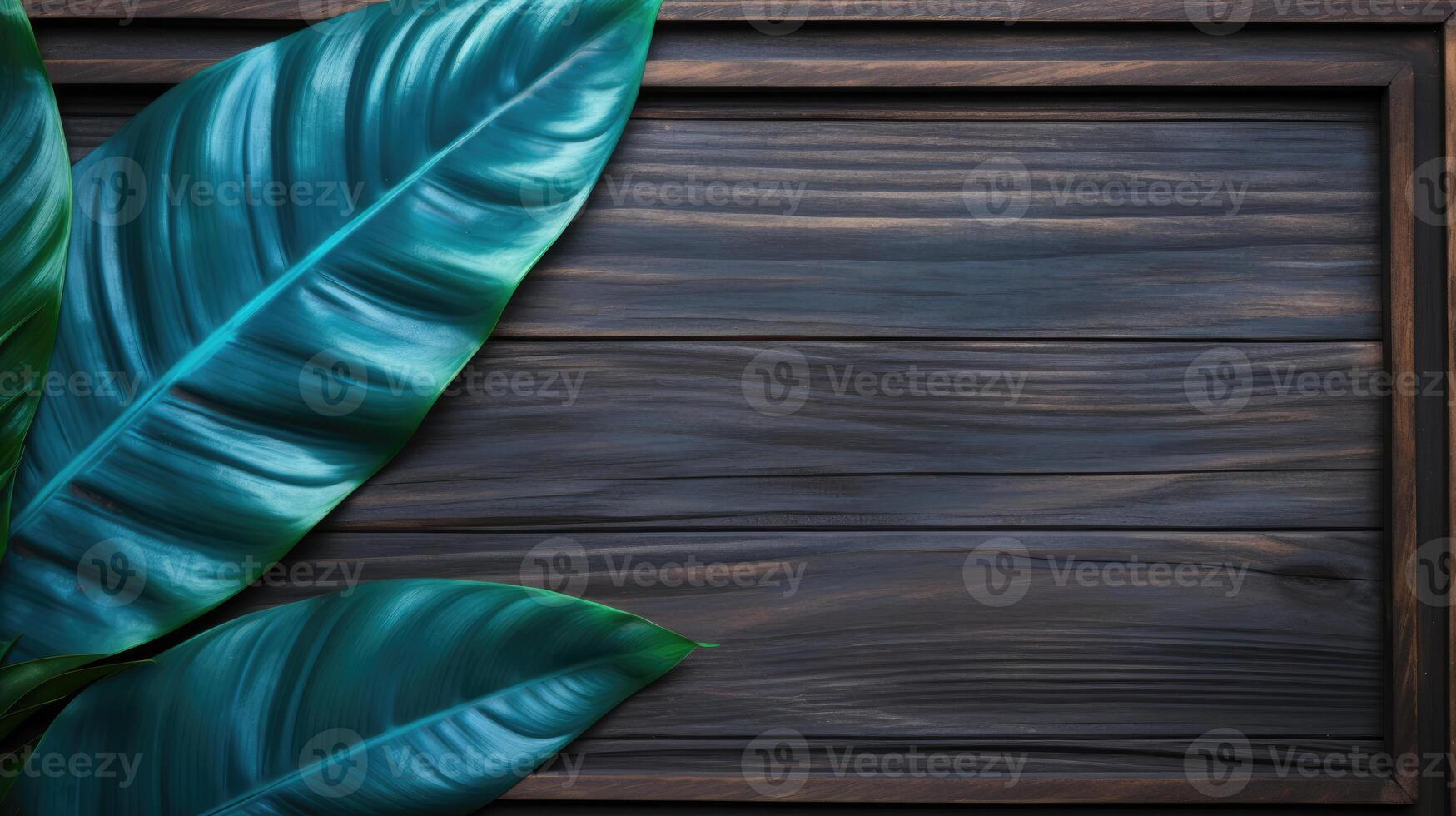 AI generated Exotic leaves on a wooden background. Top view frame photo