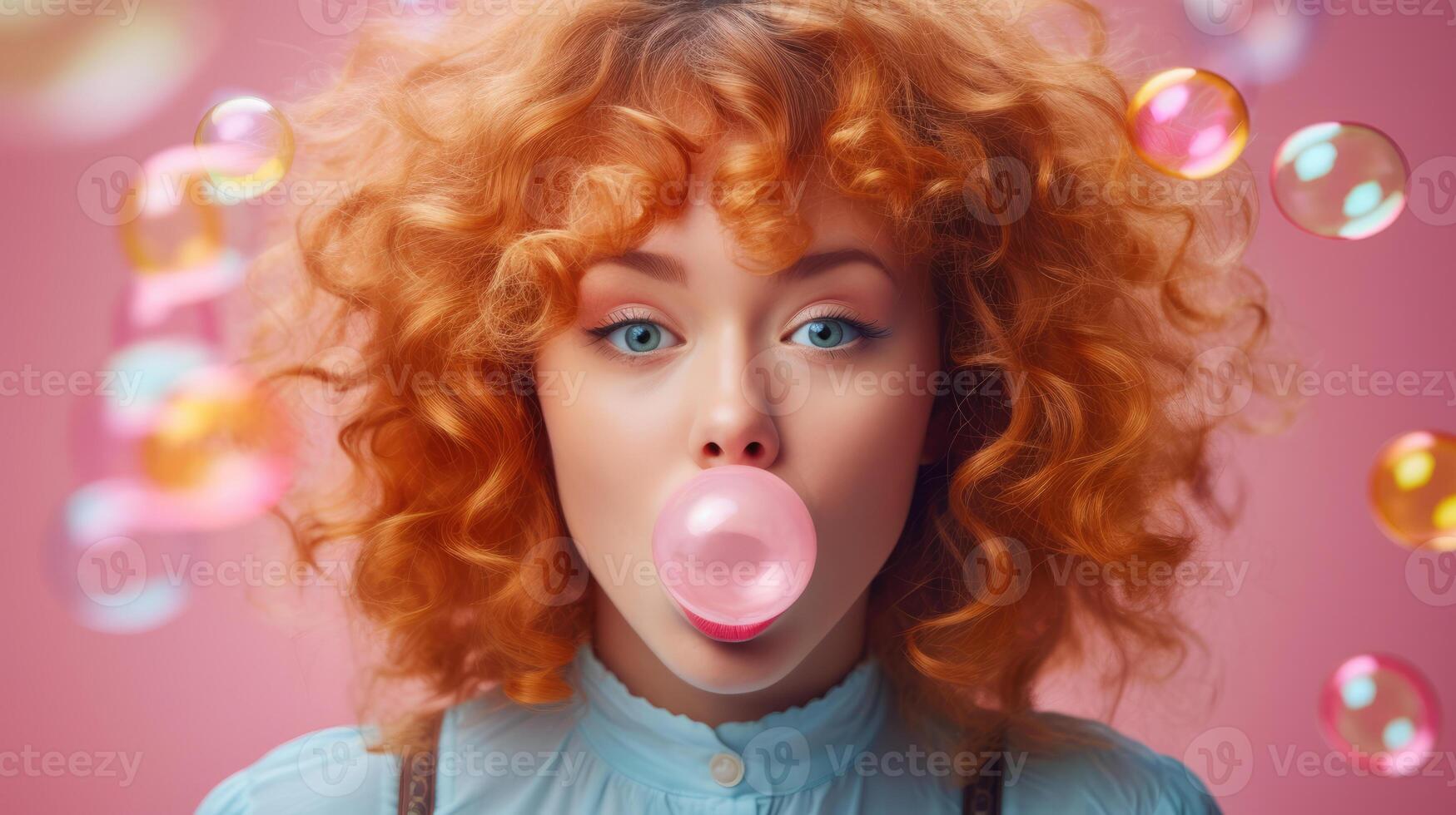 AI generated Girl blows a bubble from bubble gum on a bright vibrant background photo