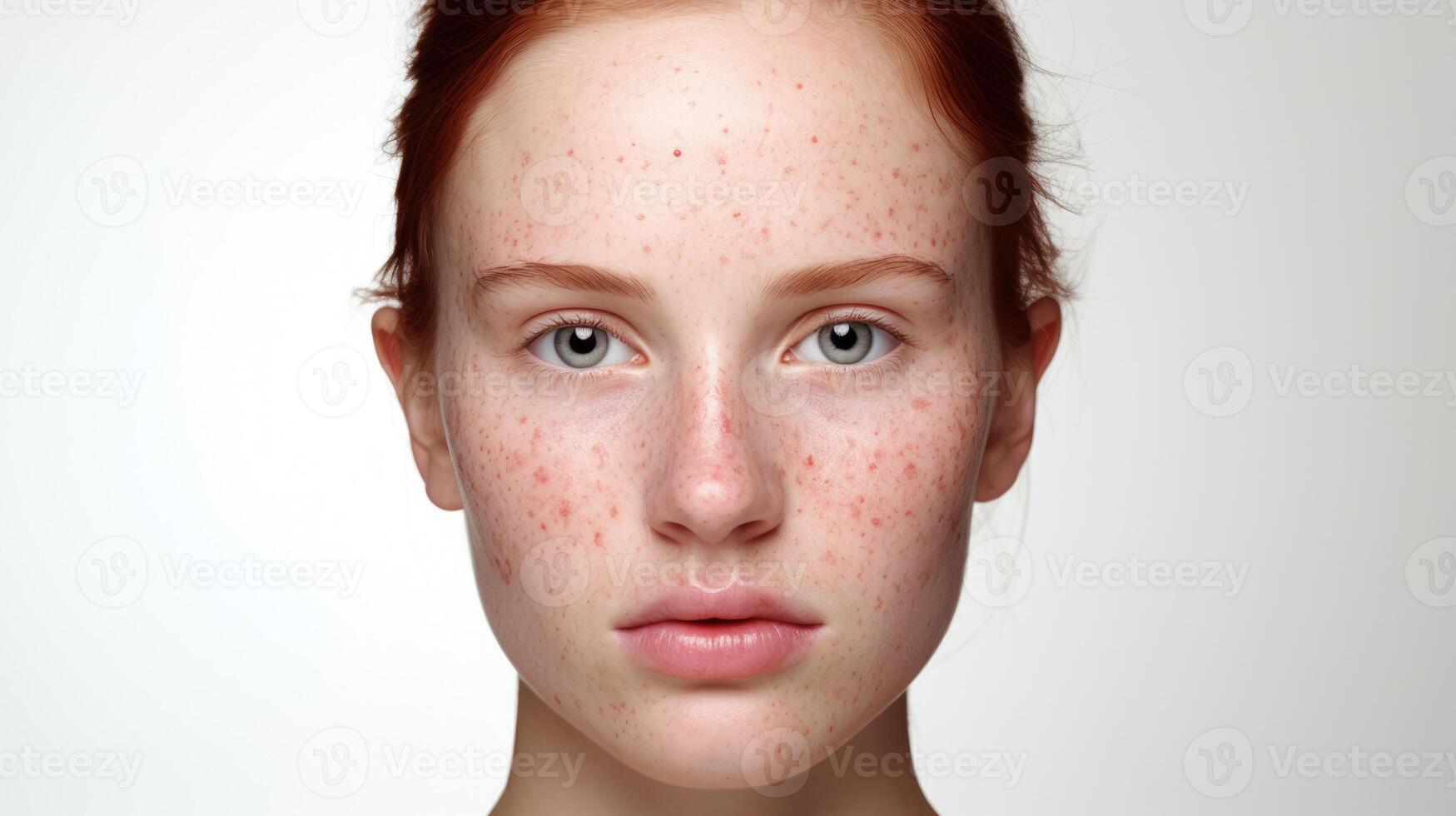 AI generated Beautiful young girl with red hair, freckles and problematic skin with redness. photo