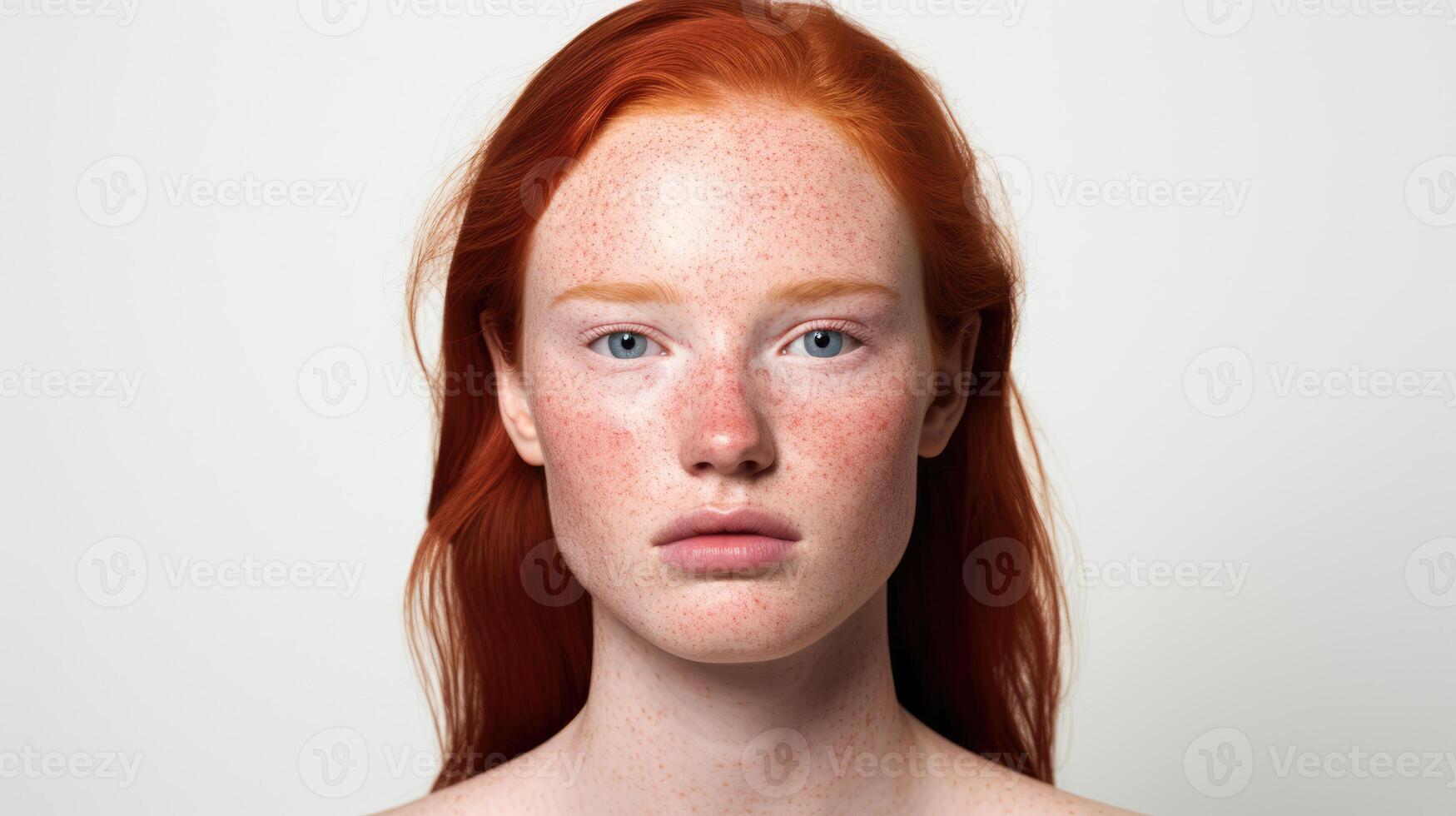 AI generated Beautiful young girl with red hair, freckles and problematic skin with redness. photo