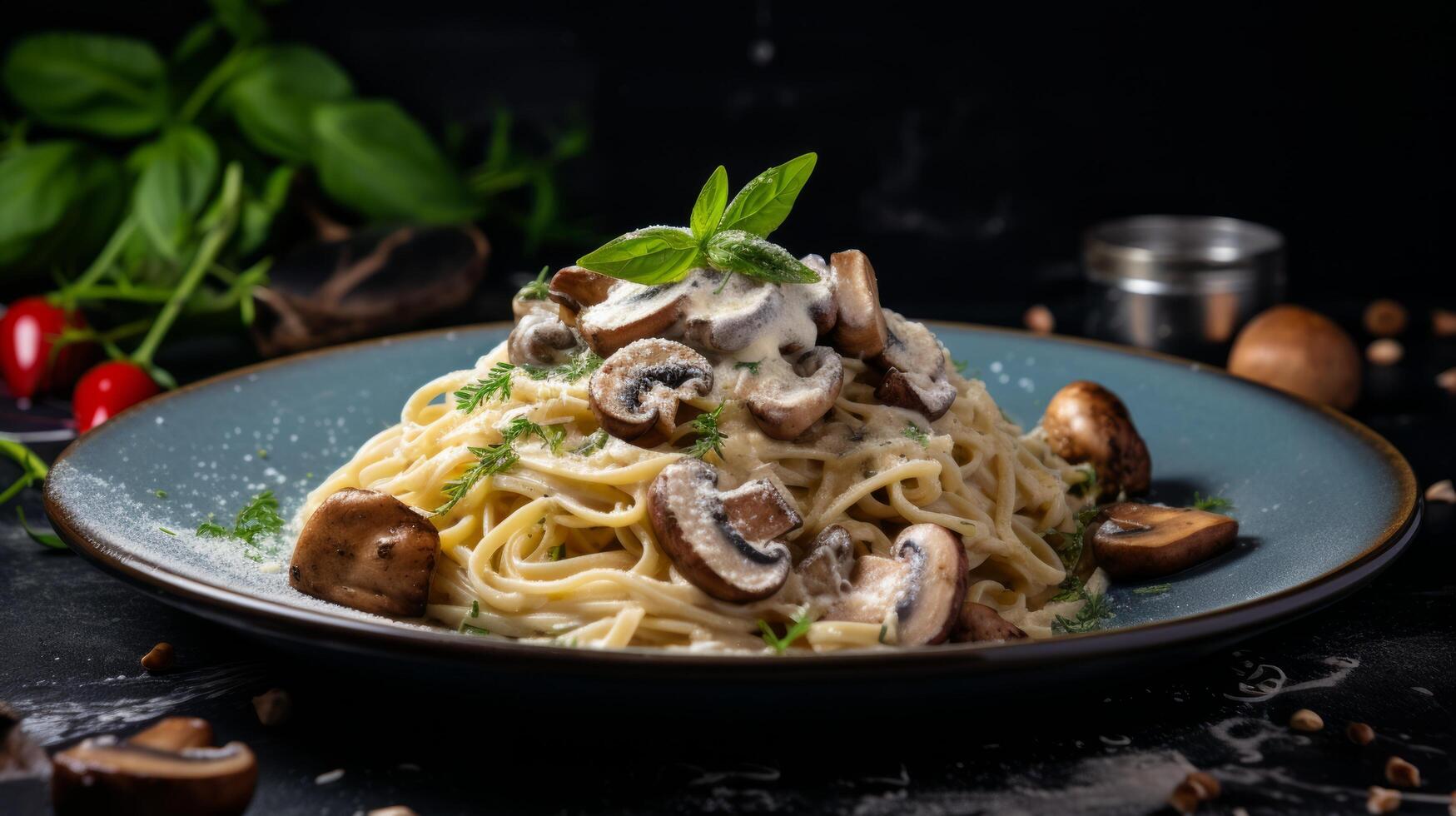 AI generated fetta pasta in a mushroom sauce served on a blue plate and garnished with mushrooms and basil green photo