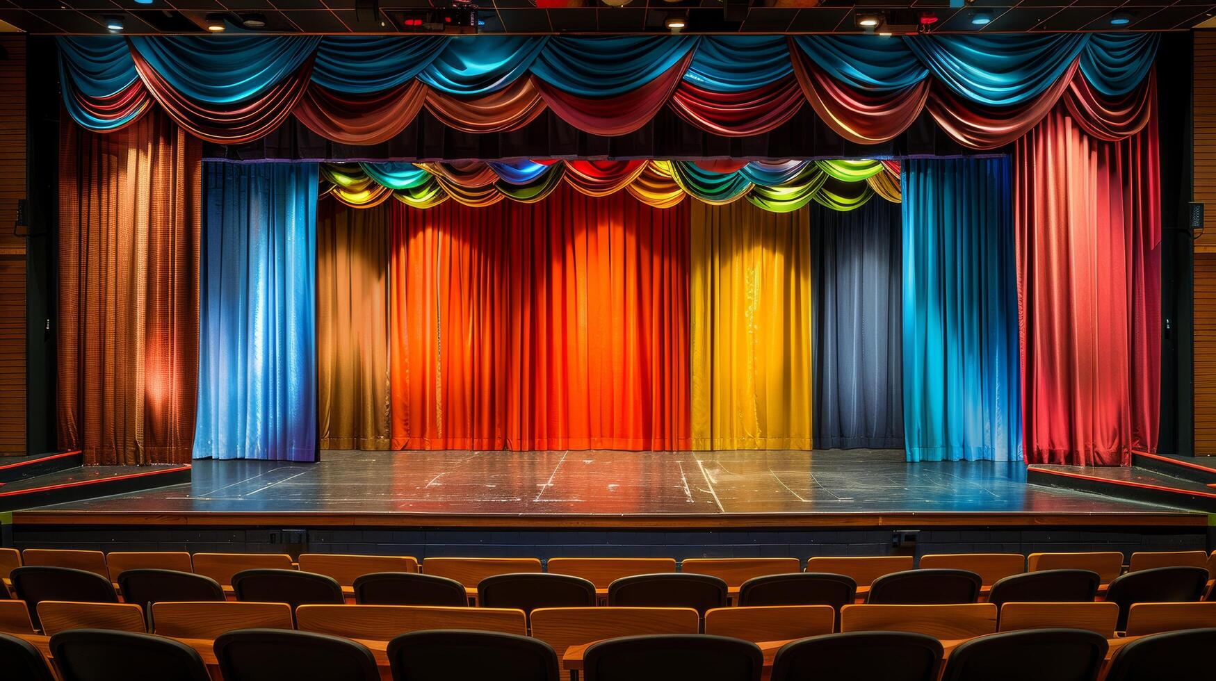 AI generated Brightly Colored Stage With Rows of Blue Chairs photo